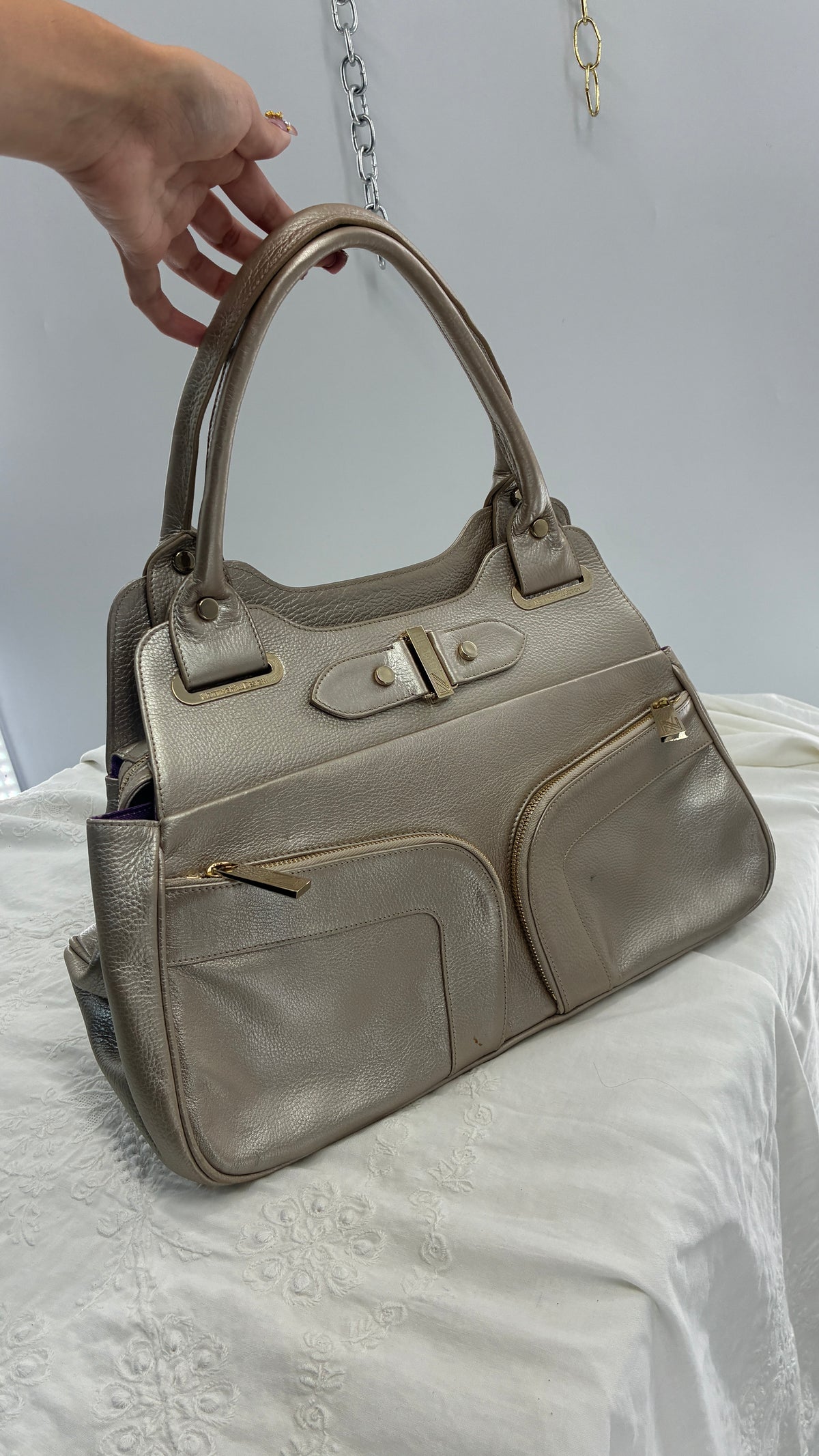 Vintage NOTTINGHILL DESIGNS Westbourne Metallic Champagne Genuine Leather Pocketed Bag with Exaggerated Hardware As Seen on Gossip Girl