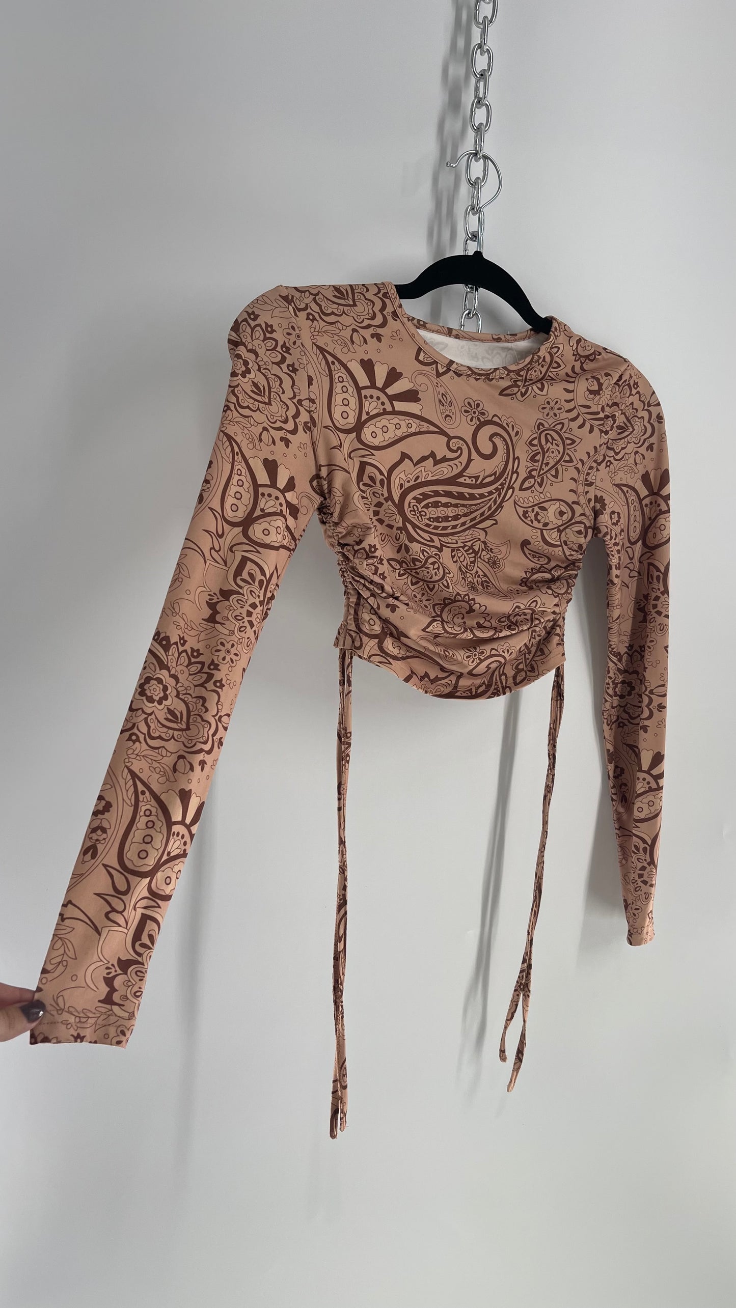 Paisley Patterned Ruche Side Tie Cropped Long Sleeve (Extra Small)