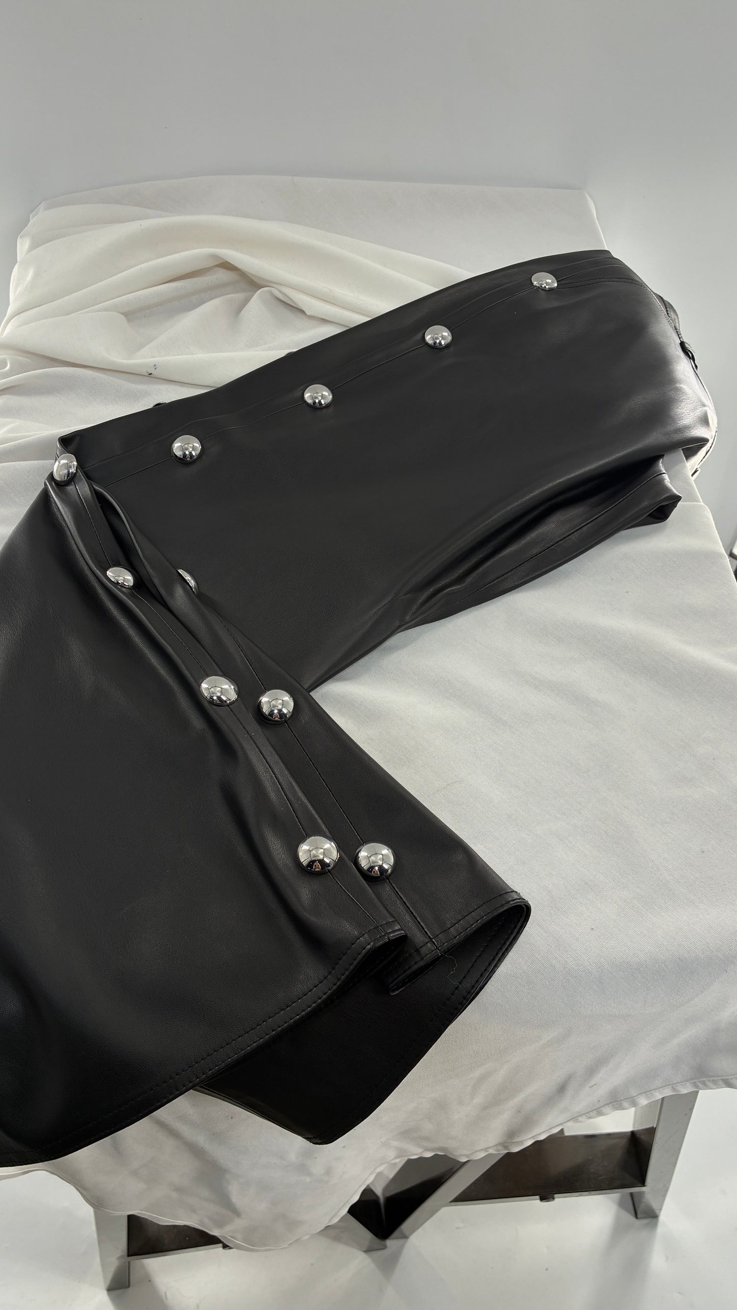 Vintage MILLY Black Vegan Leather Wide Leg Pants with Silver Oversized Studs
