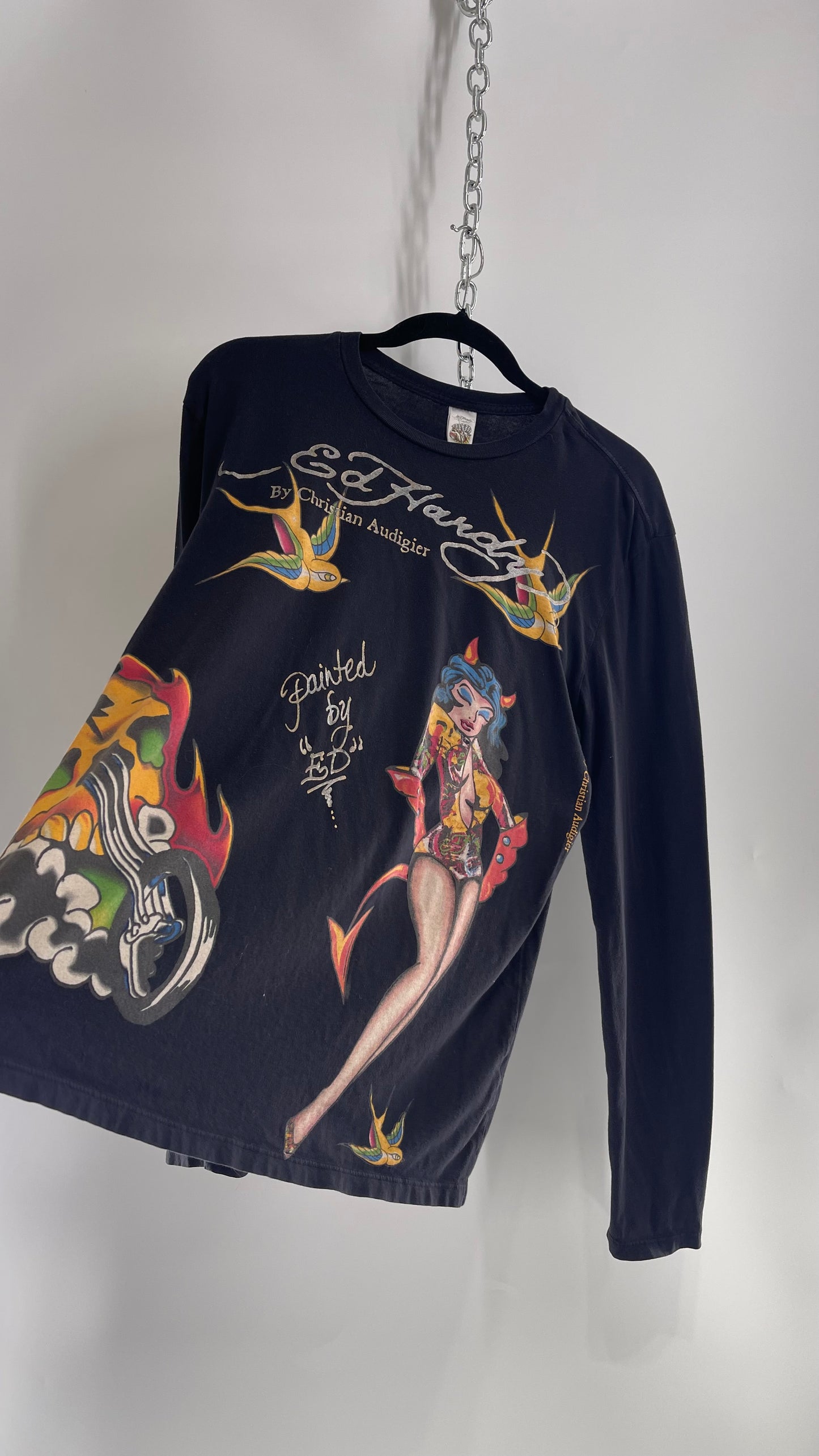 Rare Vintage Ed Hardy Pin Up Style Graphic Long Sleeve (Large)