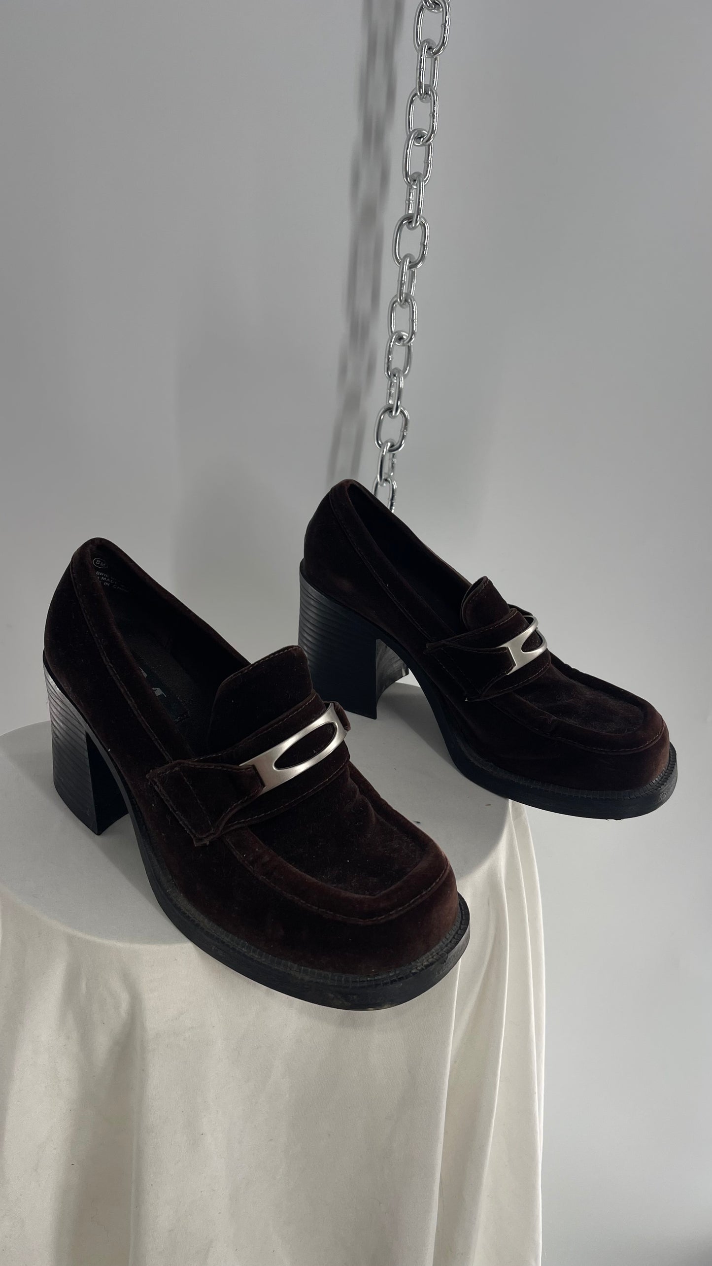 Vintage Modern Edge 1990s Dark Brown Velvet Loafer with Chunky Block Heel (8)