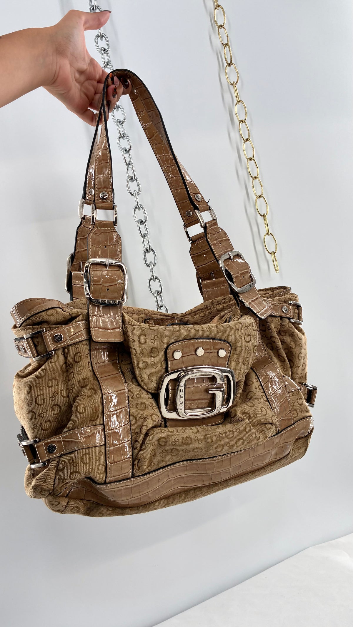Vintage Guess Tan Monogram Shoulder Bag With Croc-Embossed Trim
