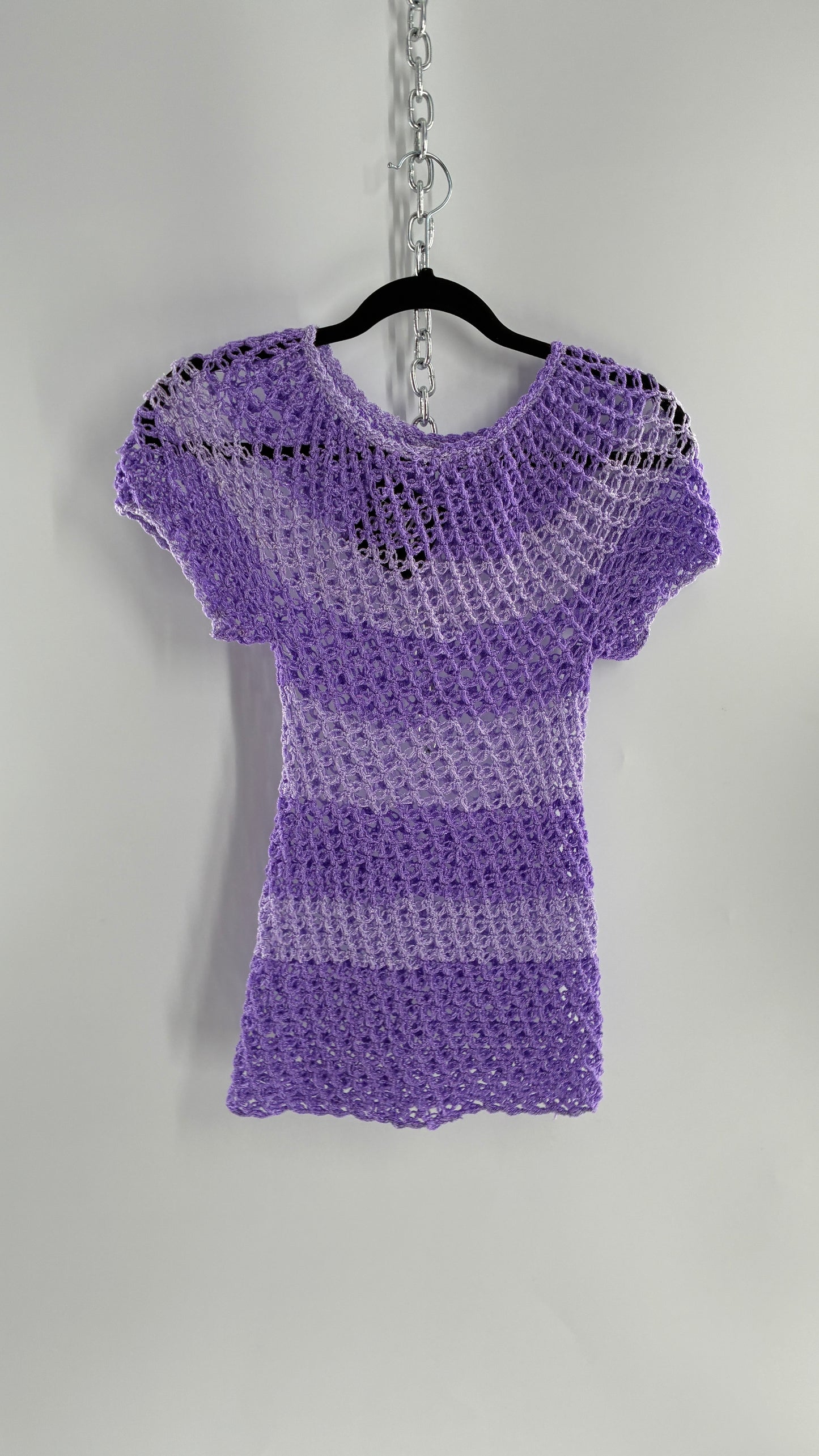 Vintage Handmade Striped Lilac and Purple Crochet Puff Sleeve Top (Small)