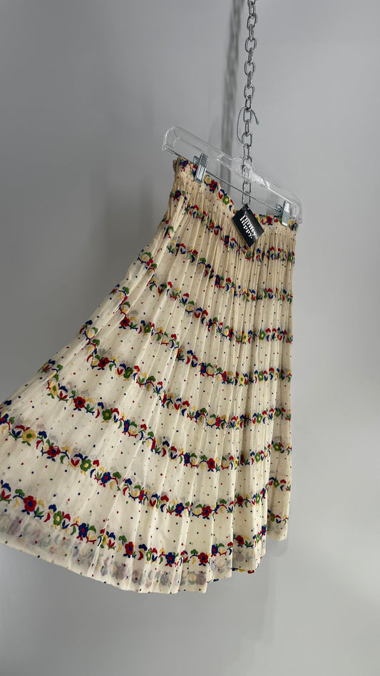 Vintage 1970s Hand Made Off White Cotton Sheer Skirt with Embroidered Flowers in Primary Colors (XS/S)