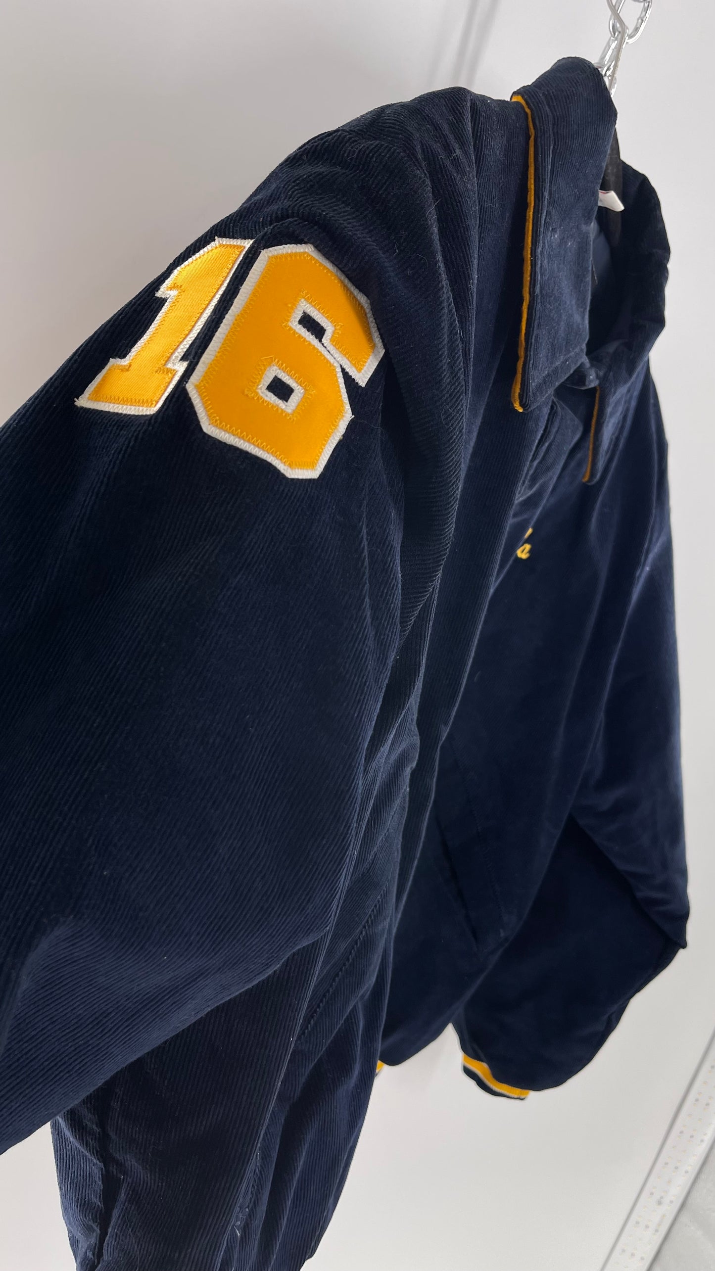 Birdie Vintage Phi Sigma Sigma Navy Blue Corduroy Varsity/Sorority Jacket with Contrast Yellow Patches and Embroidered “Paula” Monogram (Large)