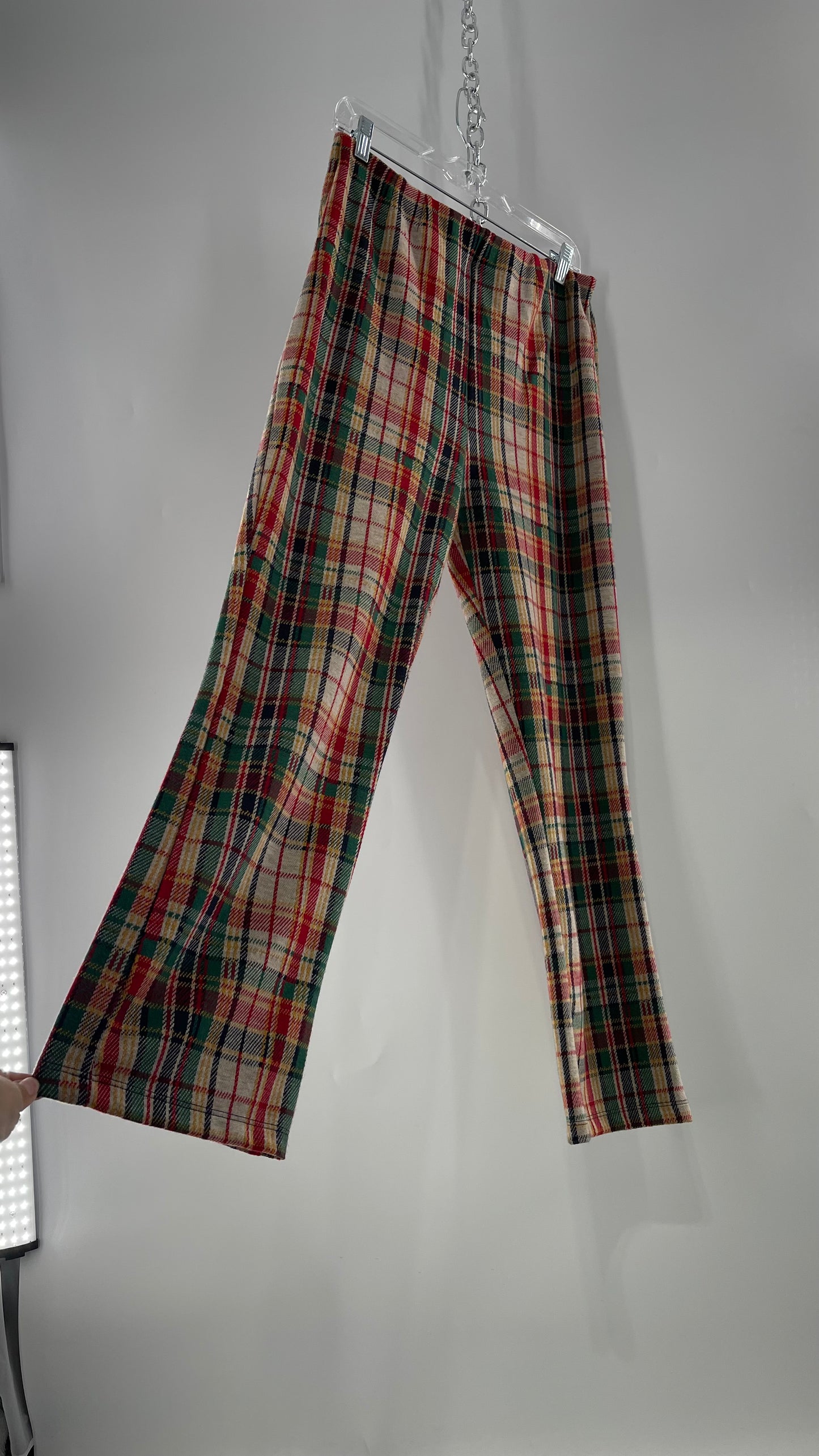 Free People Red\Green Plaid Knit Straight Leg Pants with Elastic Waist ( L)