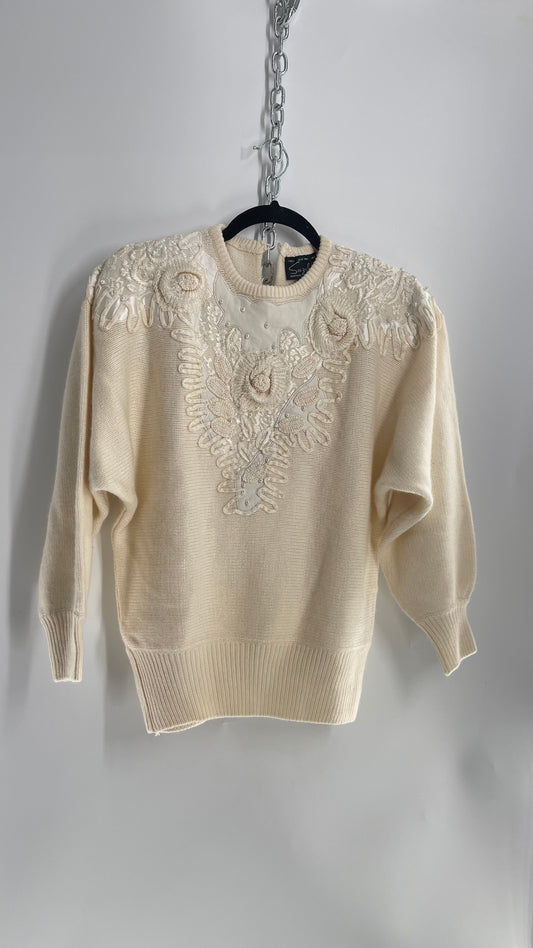 Vintage Suzelle 1980s Embroidered Rosette Sweater (Medium)