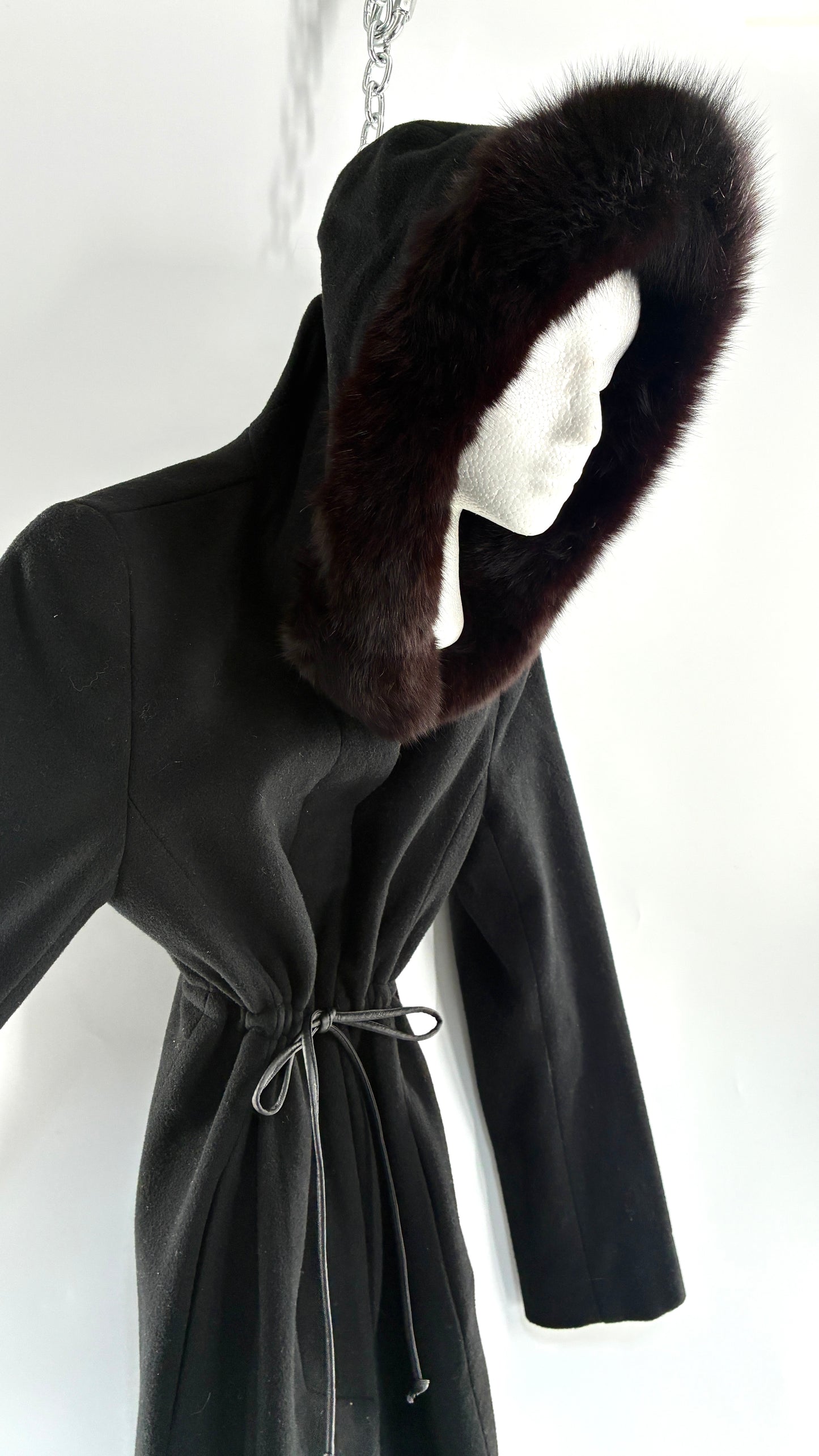 Vintage STEVE by SEARLE Cashmere Blend Coat with Underbust Tie and Fur Hood
