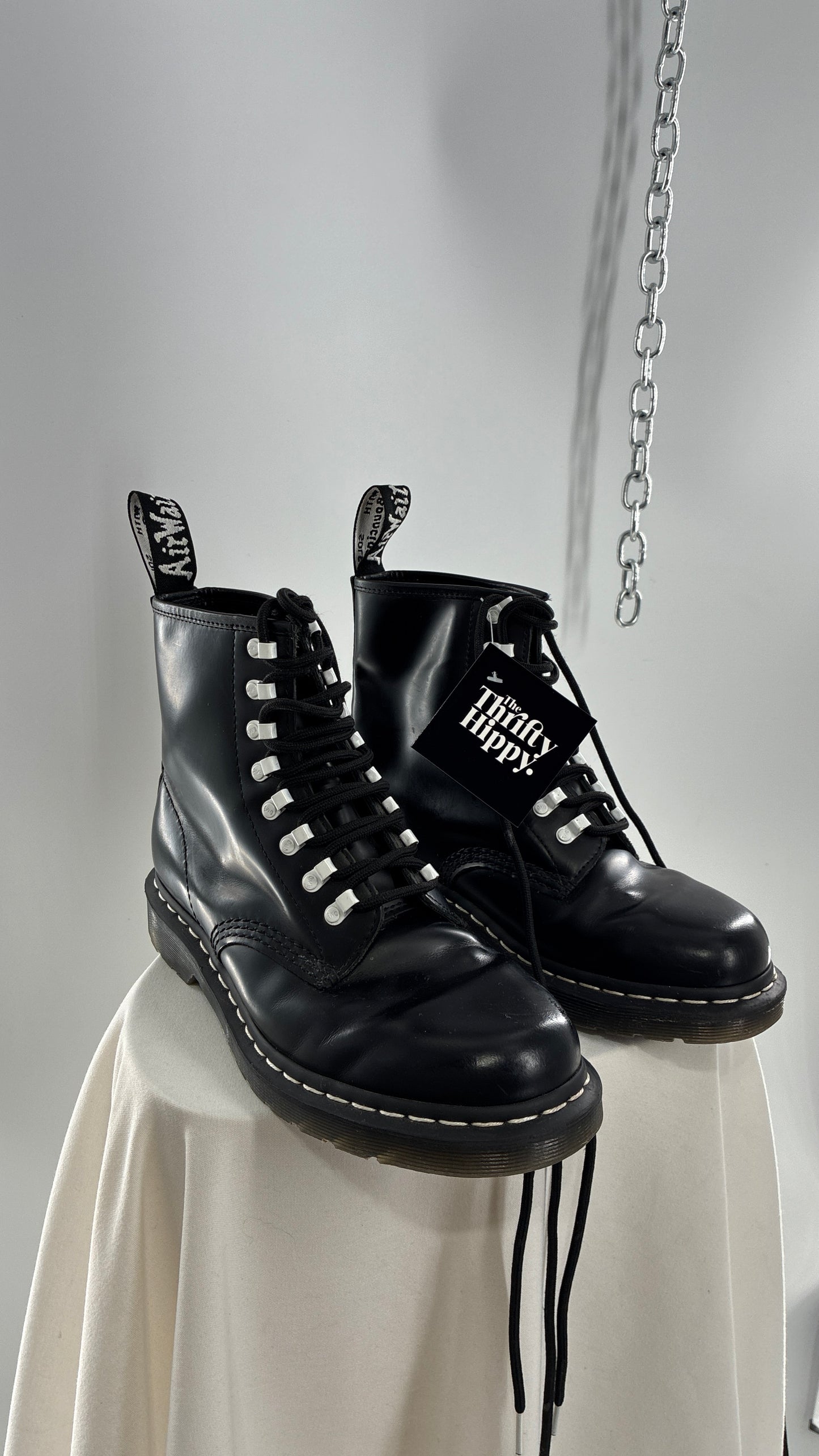 Vintage DR.MARTENS AirWair 1460 DISRUPT Black Patent Leather Boots with White Hardware (8L, 7M)