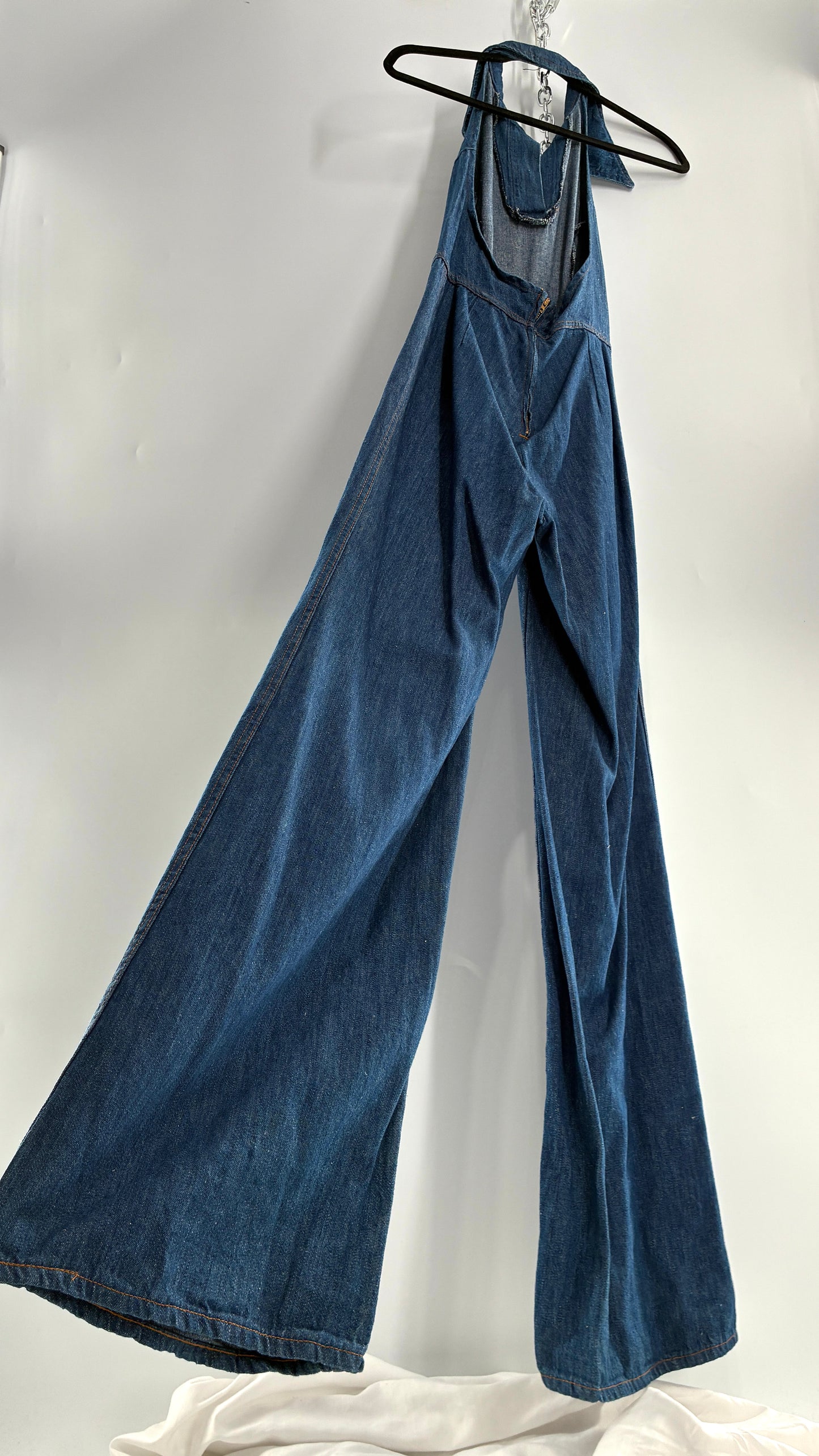 RARE Vintage 1970s Landlubber Medium Wash Denim, Sleeveless Halter, Wide Leg Bell Bottom, Jumpsuit (No Size on Tag, XS)