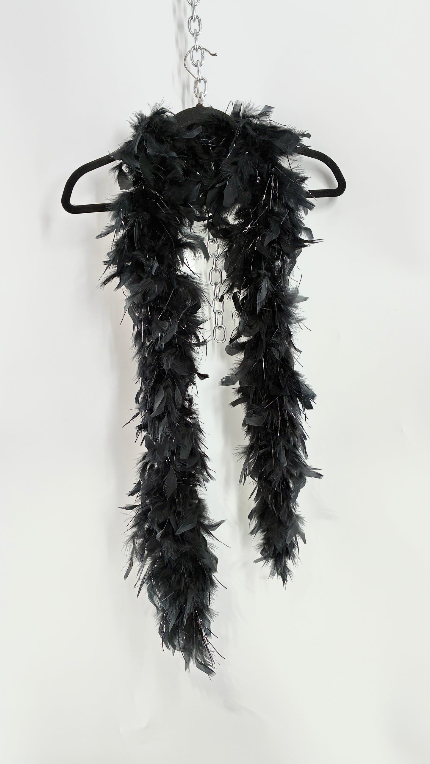 Vintage Black Ostrich Feather Scarf with Silver Tinsel
