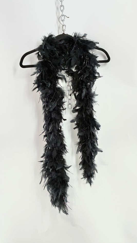 Vintage Black Ostrich Feather Scarf with Silver Tinsel