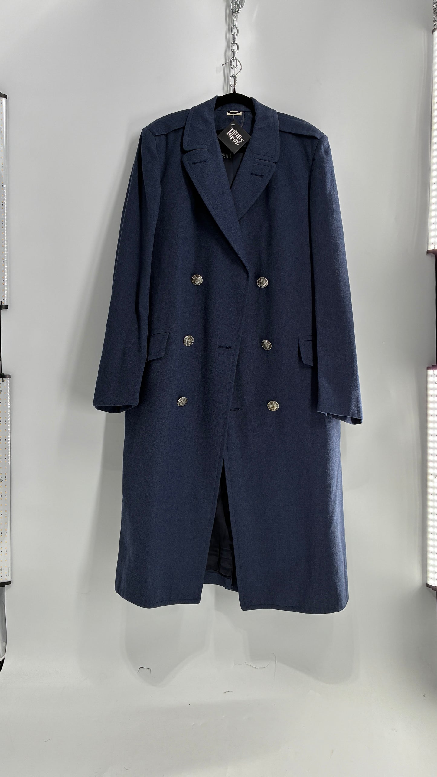 Vintage Military Style Navy Blue Woven Heavy Duty Long Coat