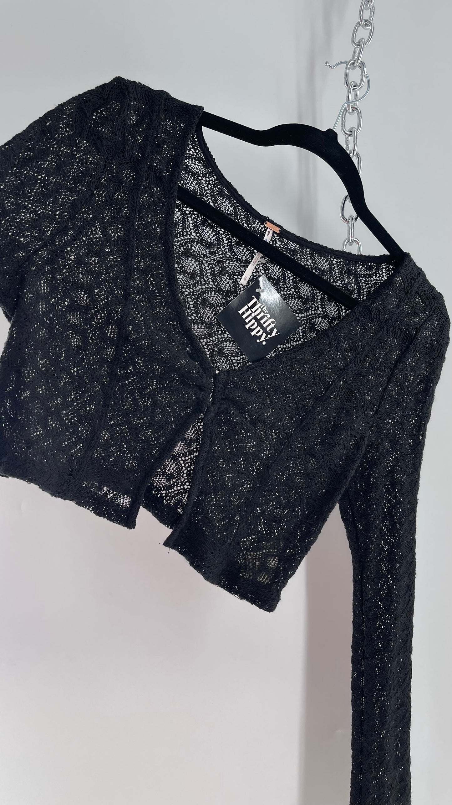 Free People Black Knit Lace/Crochet Like Cropped Long Sleeve with Metal Buckle Bust  (Medium)