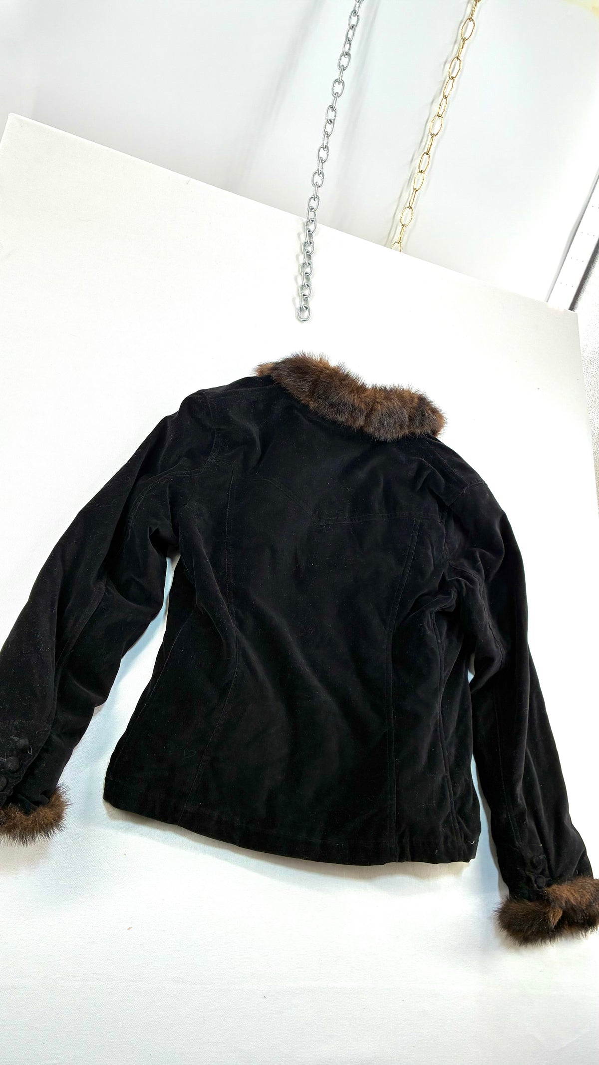 Vintage BLACK RIVET Velour Jacket with Vegan Fur Trim Collar and Cuffs (Large)