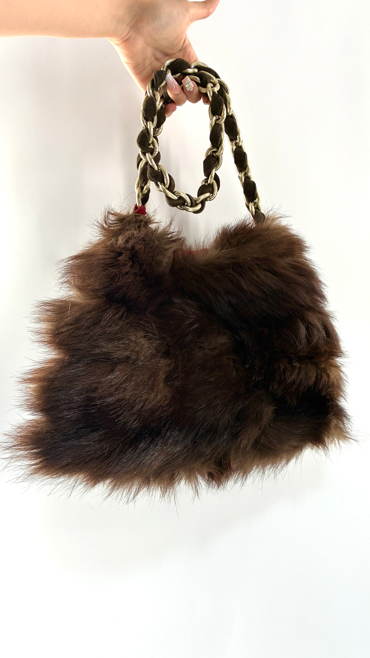 Vintage Handmade Genuine Fur Bag with Heavy Interlaced Gold Chain Strap