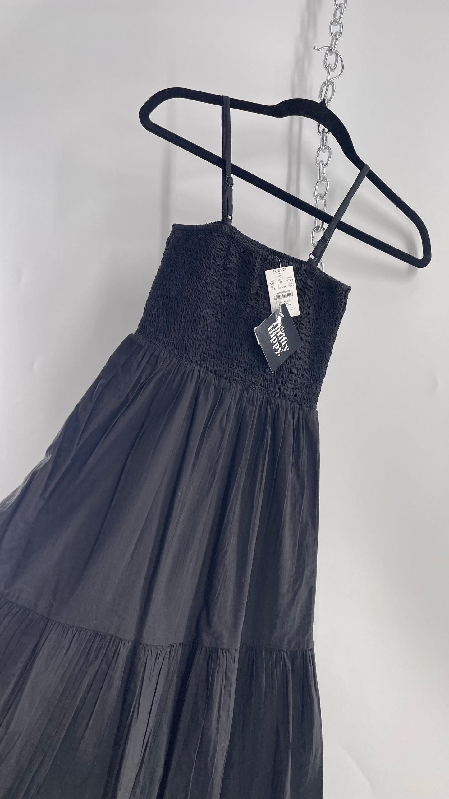 J CREW (XXS) Black Cotton Tiered Maxi Dress with Smocked Bust/Bodice