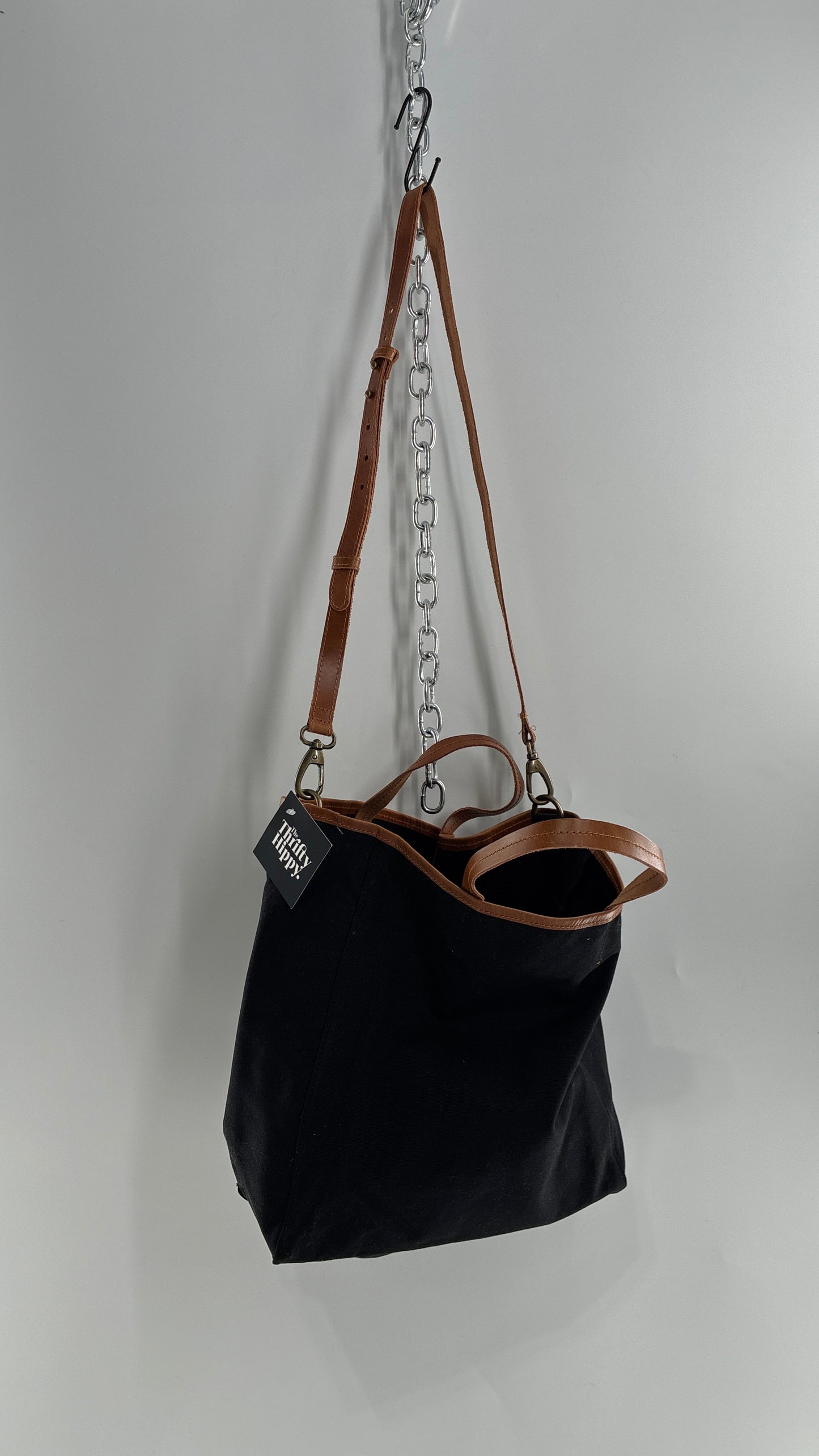 Urban Outfitters Large Black Cotton Tote Bag with Inner Pockets, Genuine Leather Lining and Straps