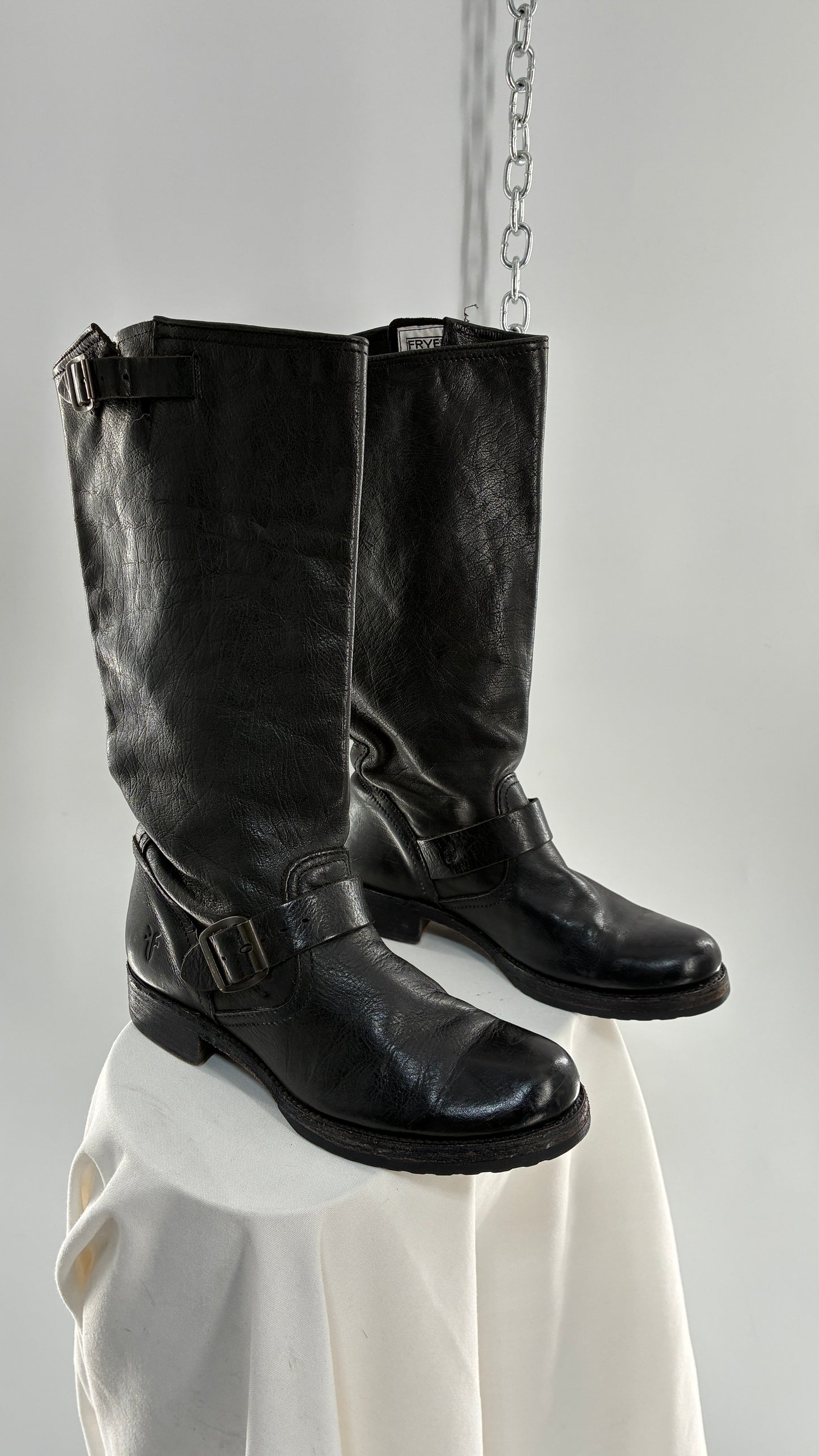 Vintage FRYE Veronica Tumble Shiny Black Leather Slouch Boot (8)