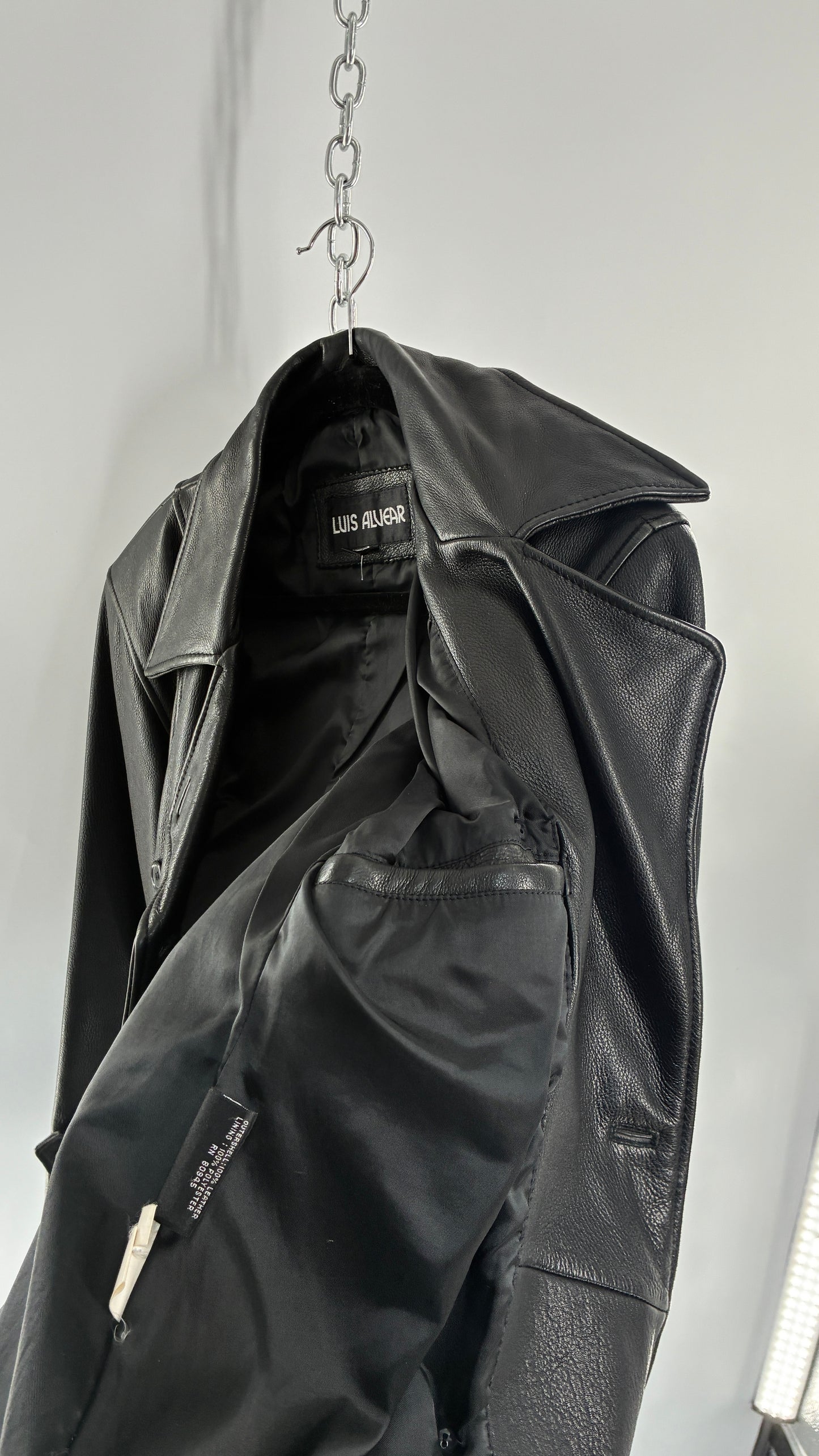 Vintage LUIS ALVEAR Thick Genuine Leather Black Trench Style Jacket (XS)