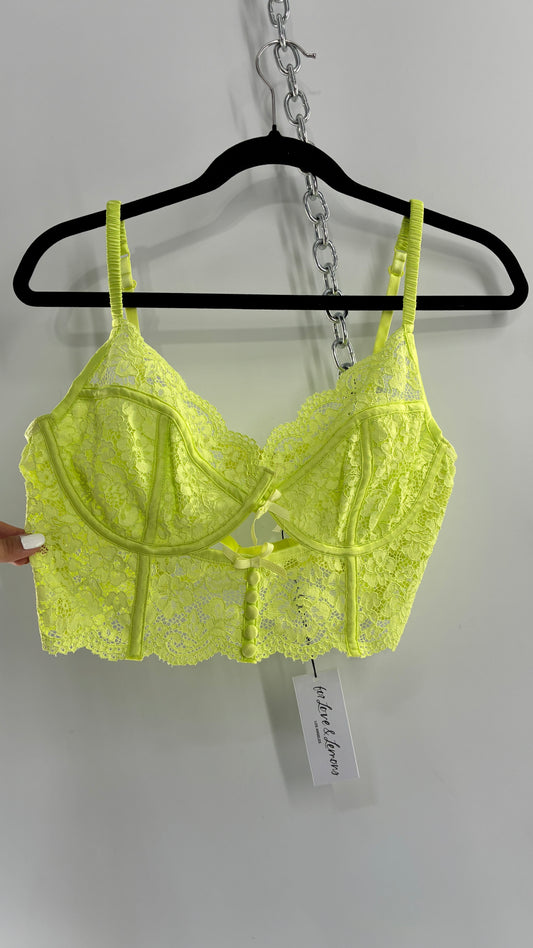 For Love & Lemons Lime Green Corseted Lace Bralette with Strappy Back and Tags Attached (38C)