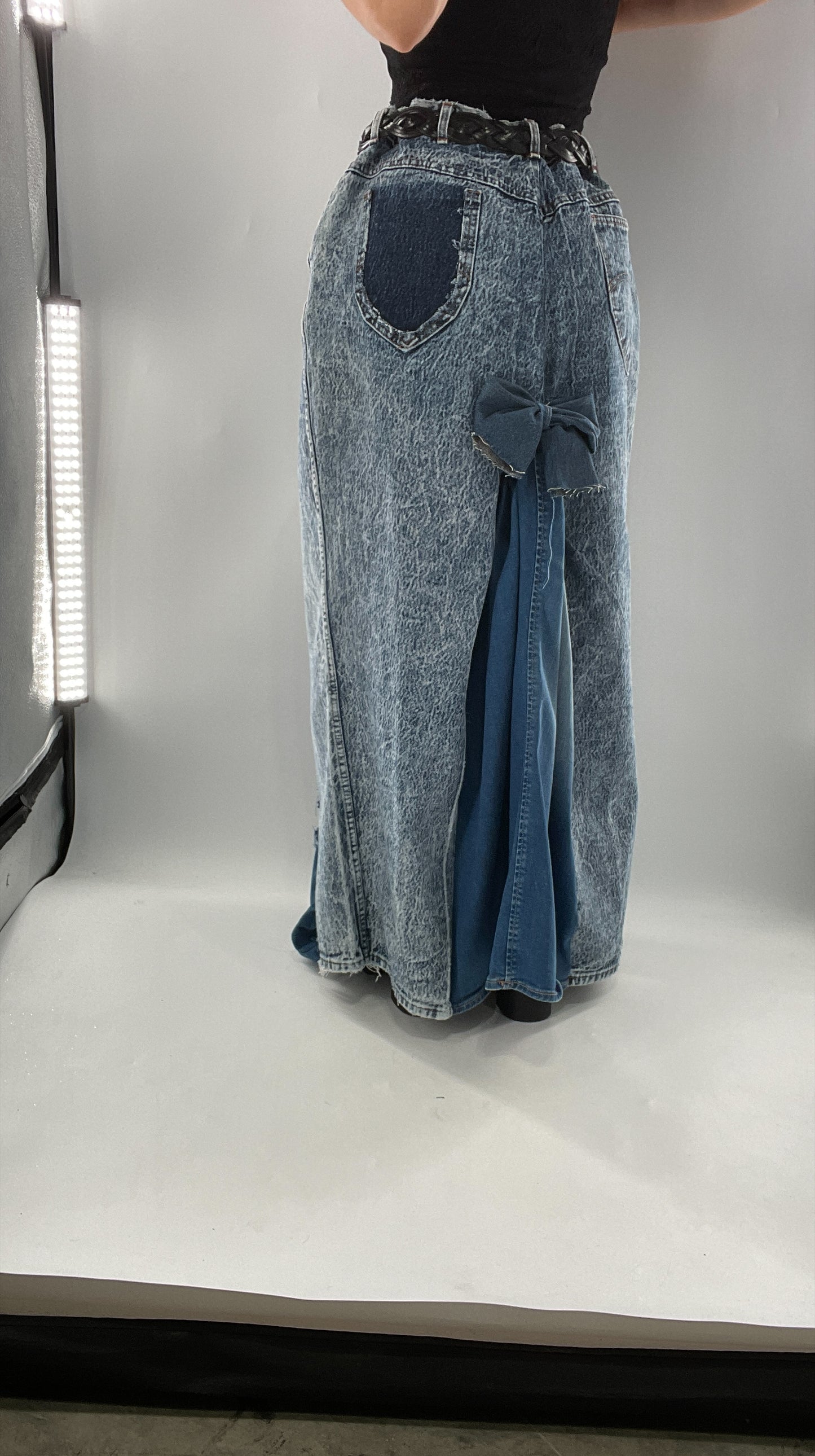 Custom Handmade Acid Wash Denim Slit Front Ruffled Skirt with Bow Bum (Large)