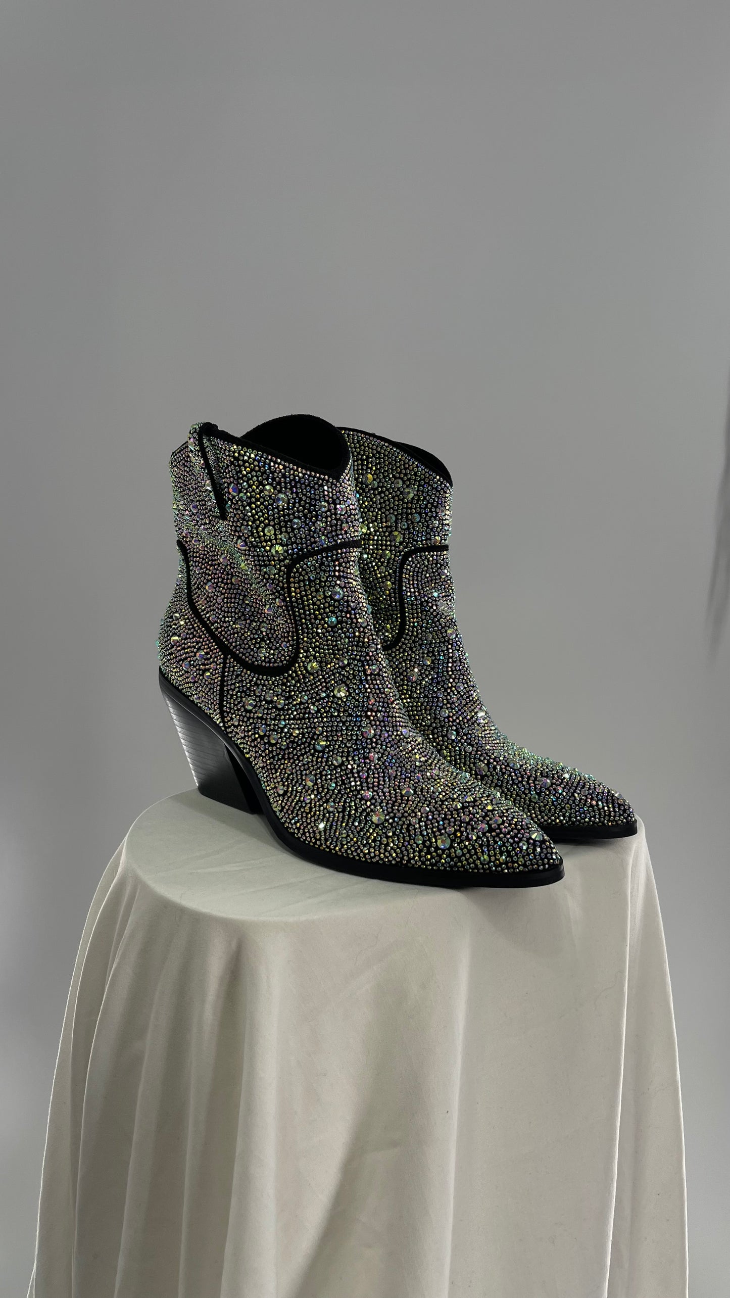 Black Iridescent All Over Rhinestone Cowboy Boots