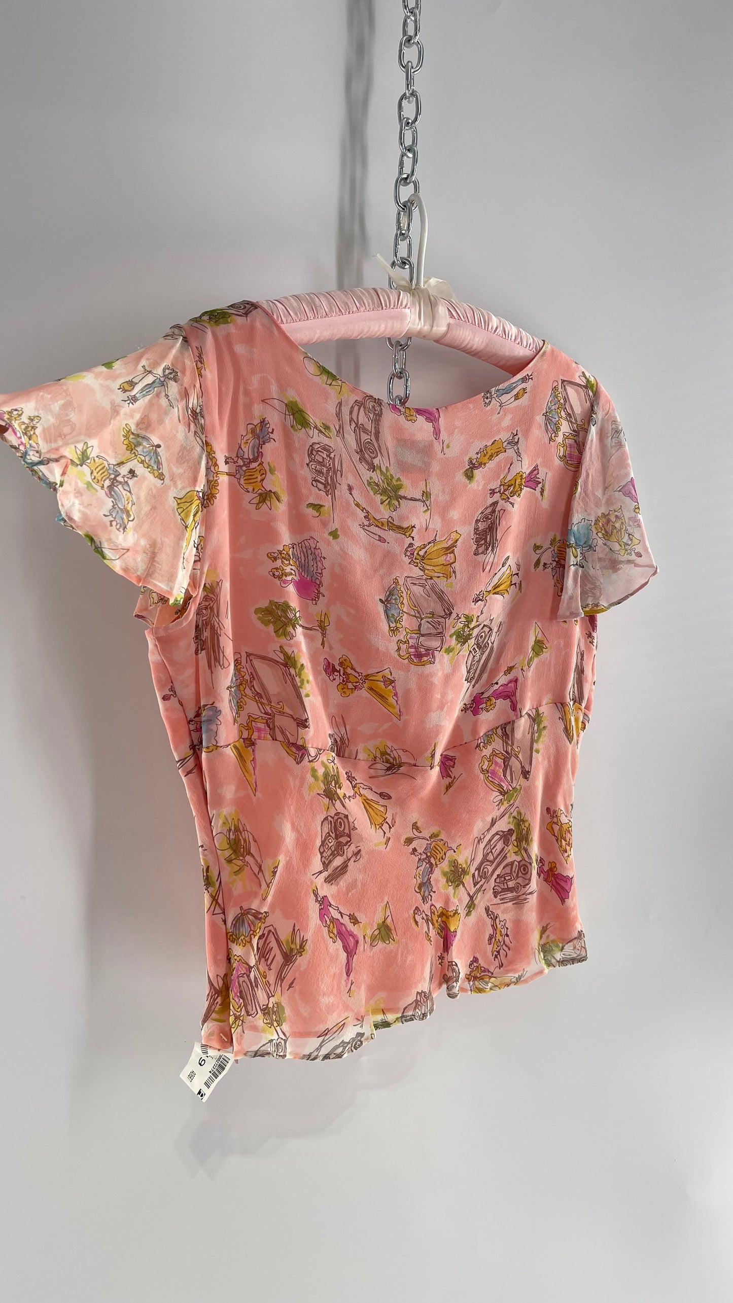 Vintage 1990s RARE i(E Femme Sketch 100% Silk Pink Blouse with Rosette Bust Detail (Large)