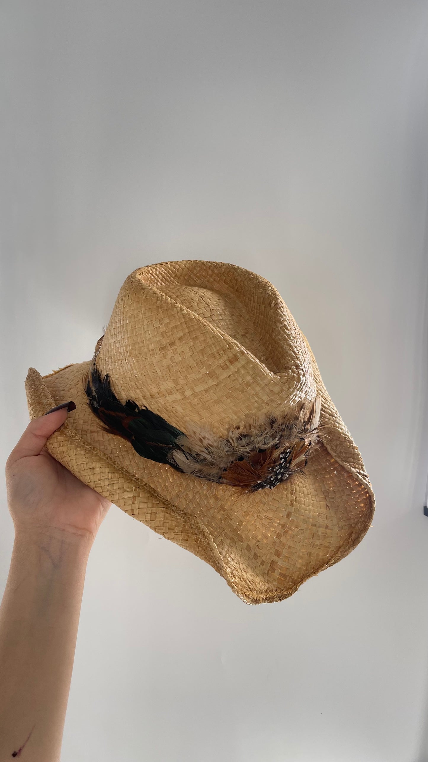 Vintage Straw Hat with Feather Band