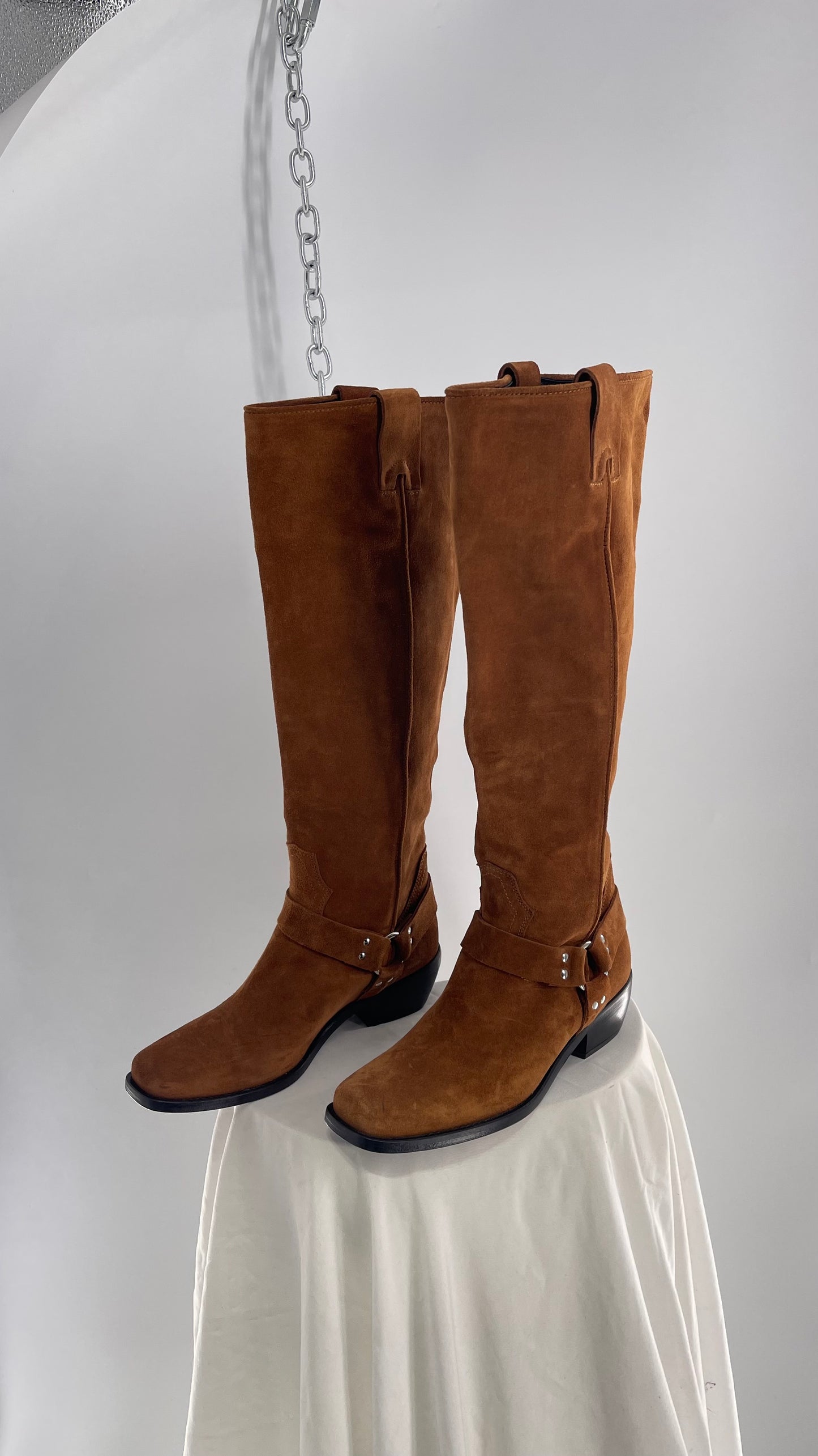 Free People Lockhardt Harness Thick Suede Leather Square Toe Knee High Boot (37)