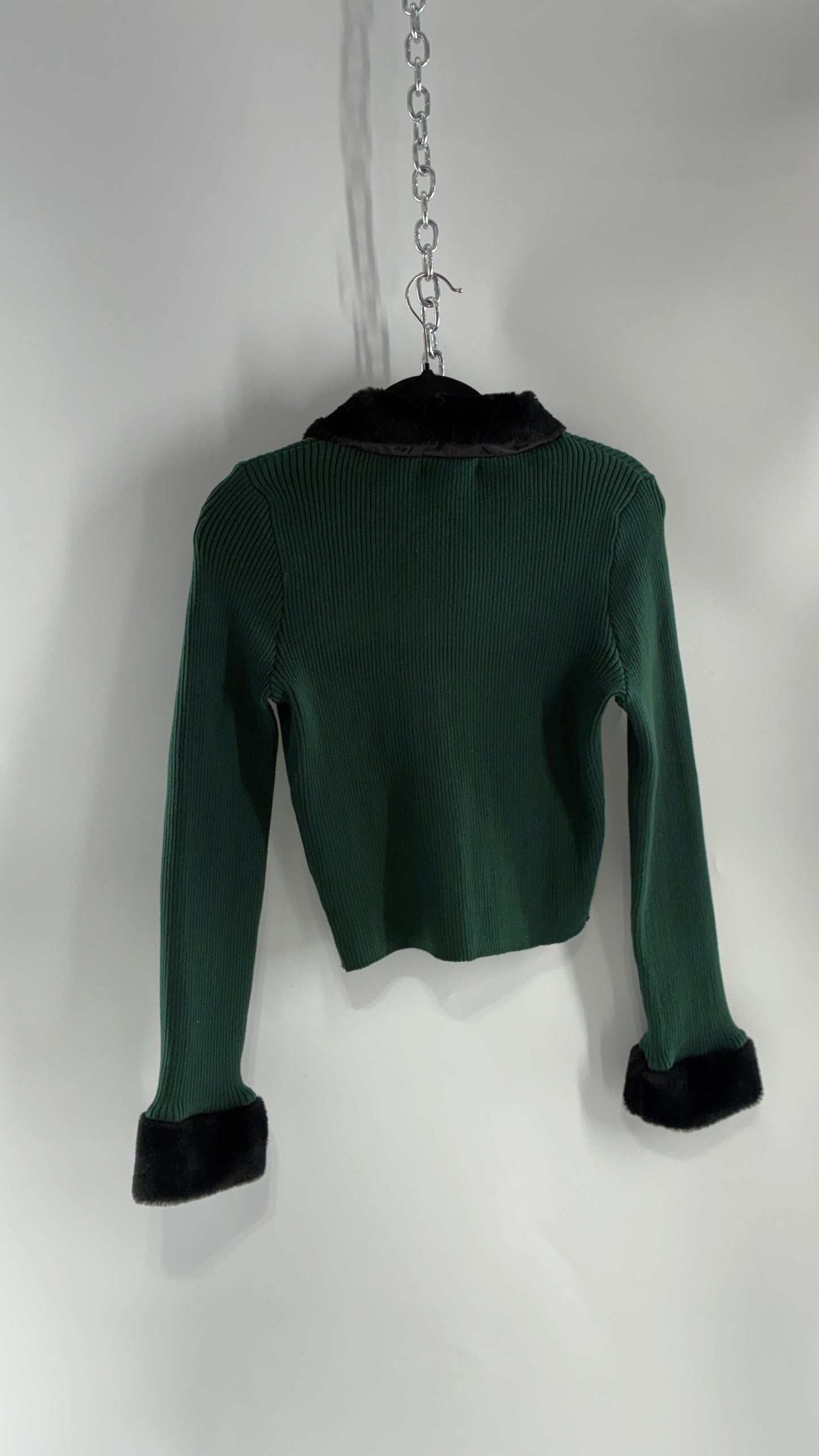 Forever 21 Green Ribbed Knit Zip Up with Fur Collar and Cuffs, Tags Attached (Large)