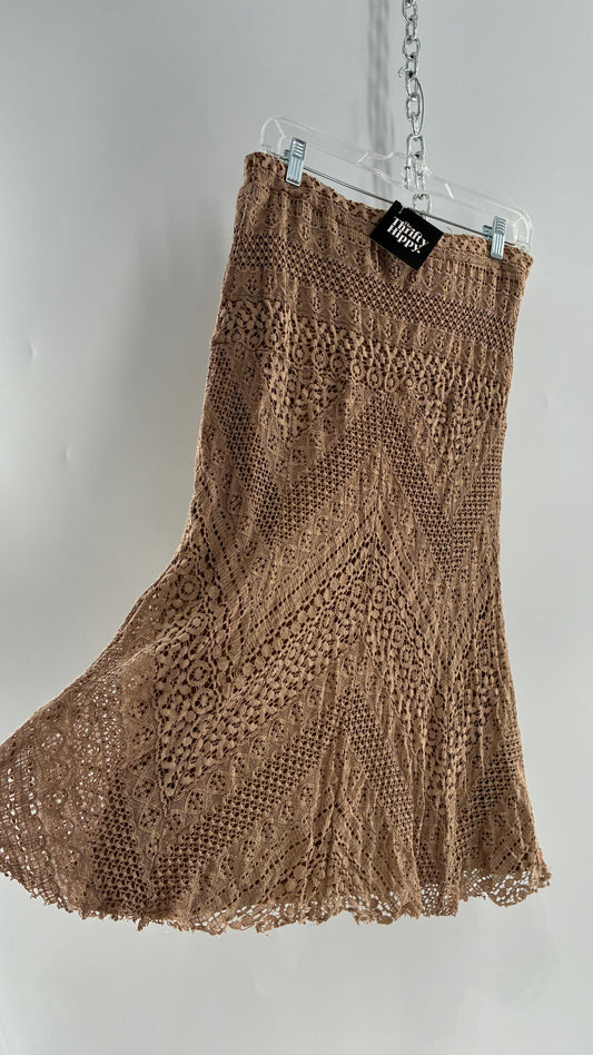 Vintage SOLITAIRE Tan Brown Lace Midi Skirt (Medium)