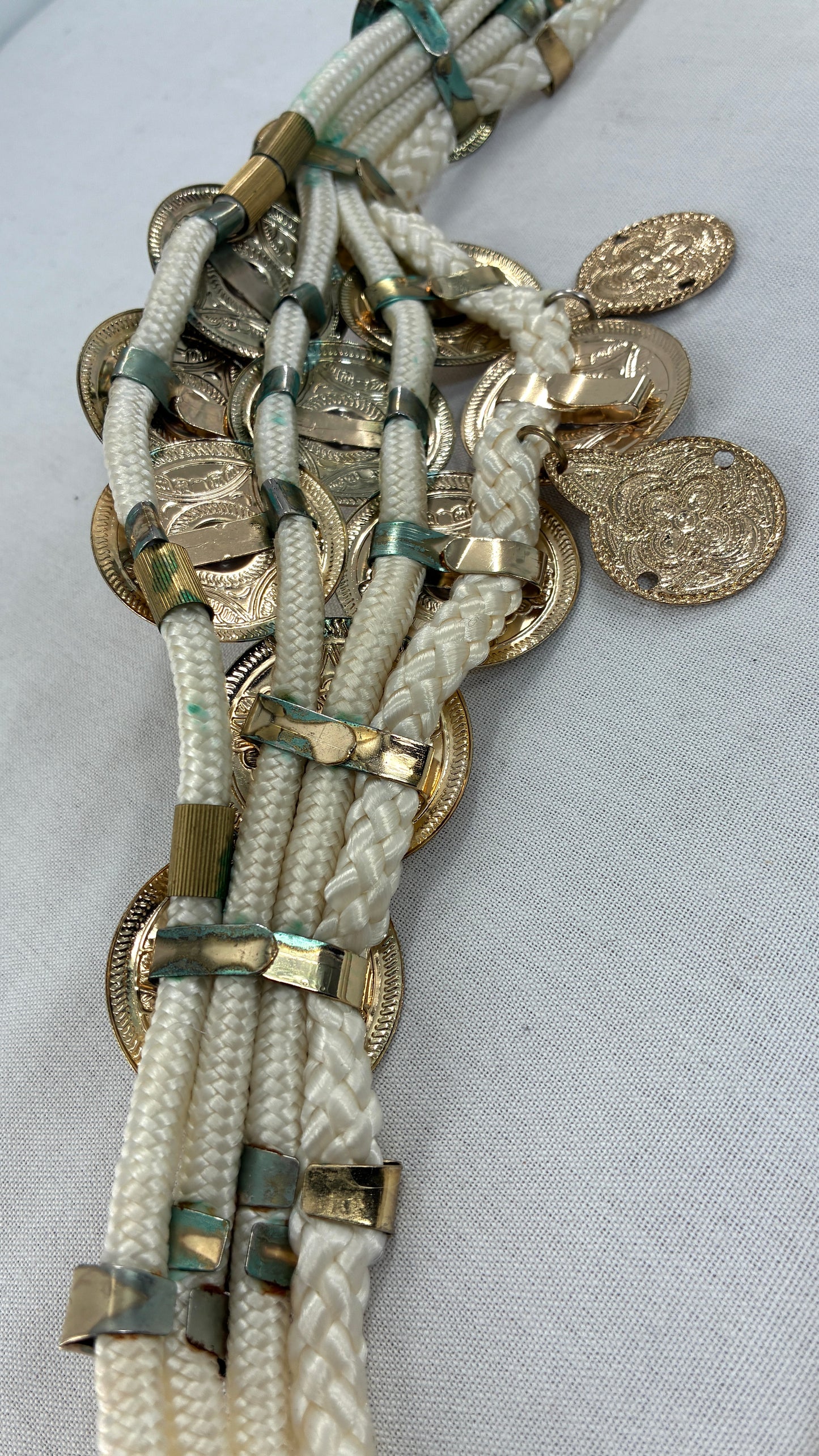 Vintage 1980s White Rope Belt with Gold Engraved Coins Made in Korea