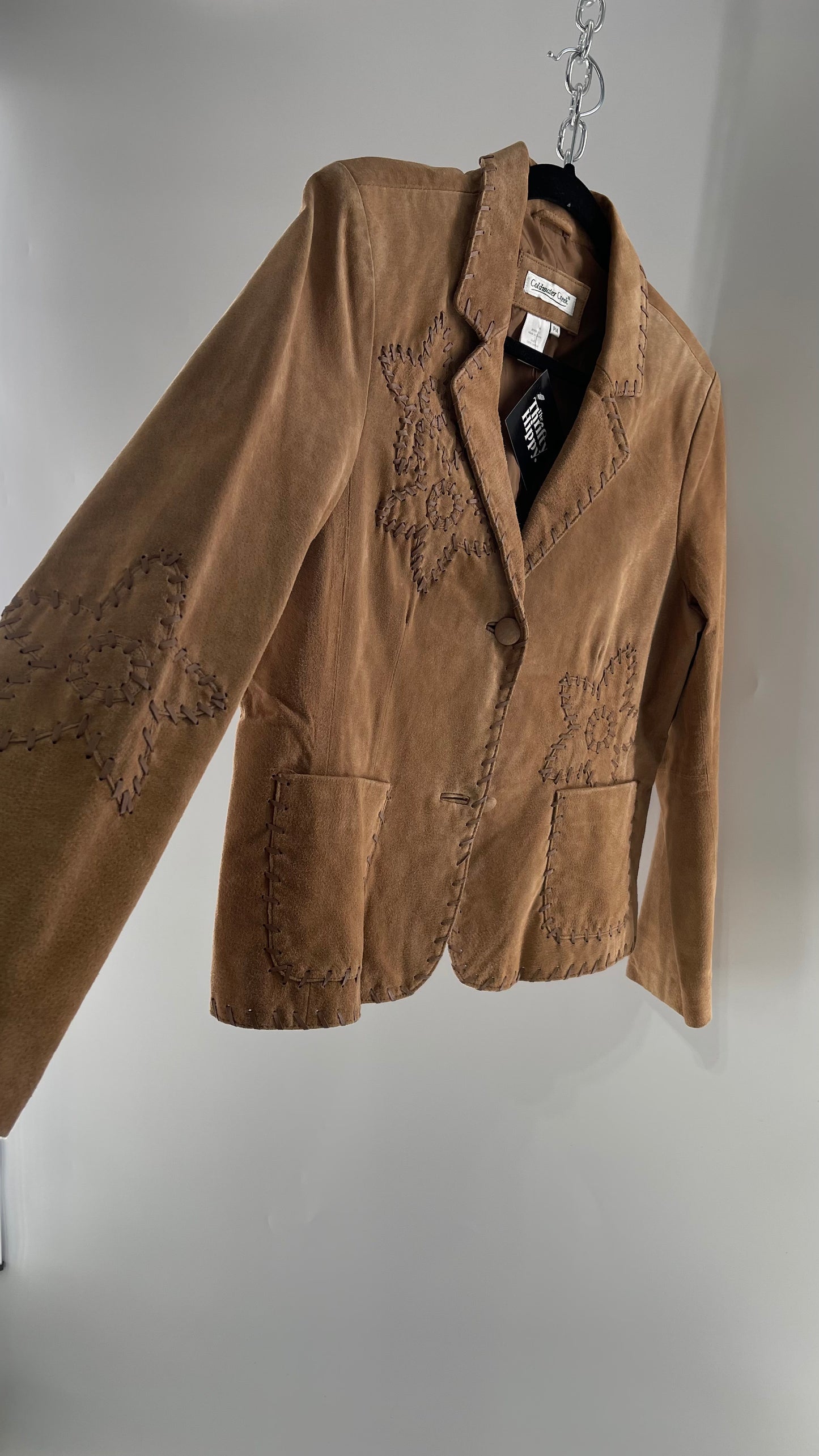 Vintage Rare Light Brown Genuine Suede Blazer with Embroidered Suede Flower and Contrasting Thick Leather Stitching (Medium)