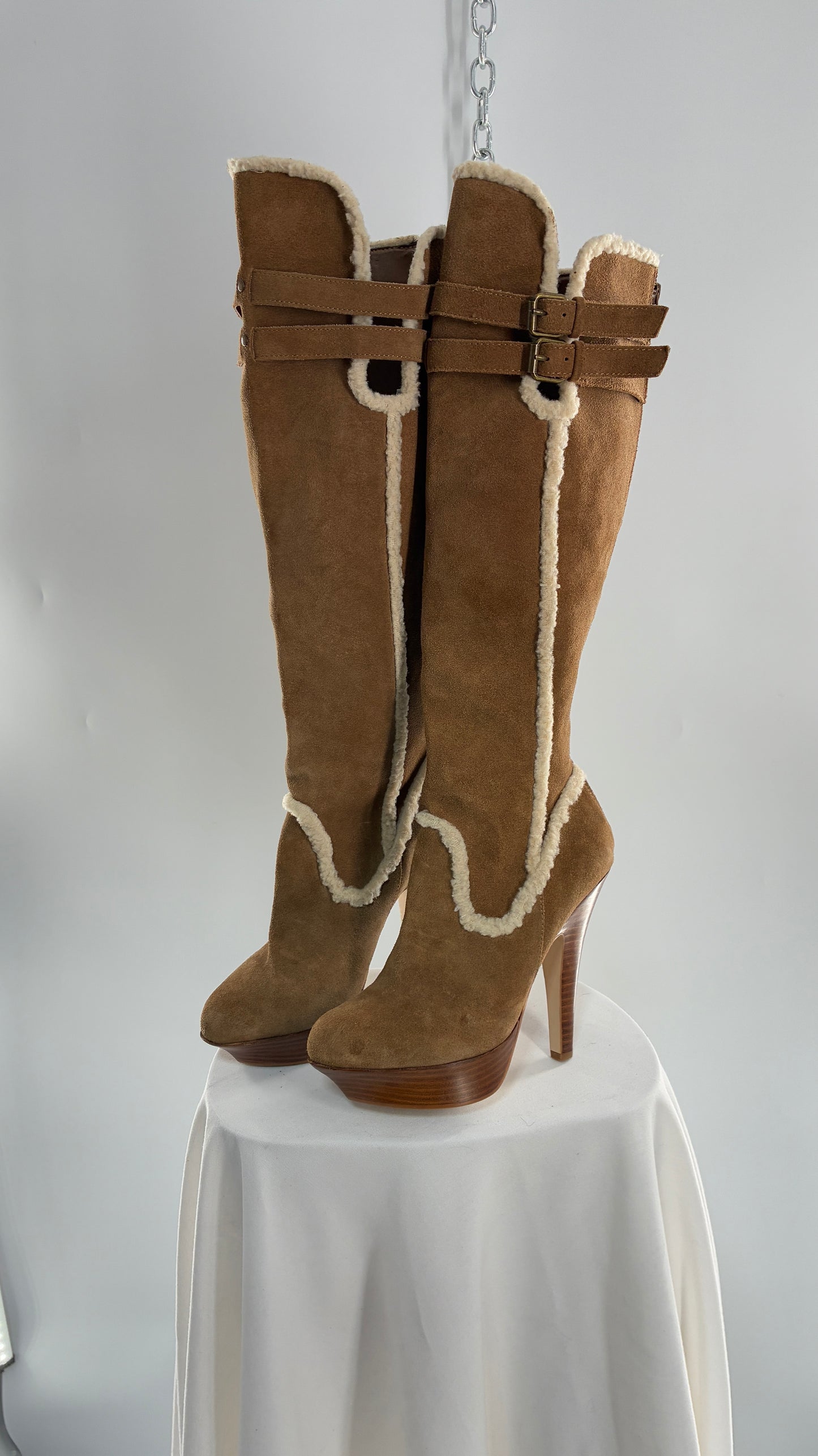 Vintage BEBE Genuine Suede Leather Stiletto, Platform Knee High Boots with Shearling Piping (8B)