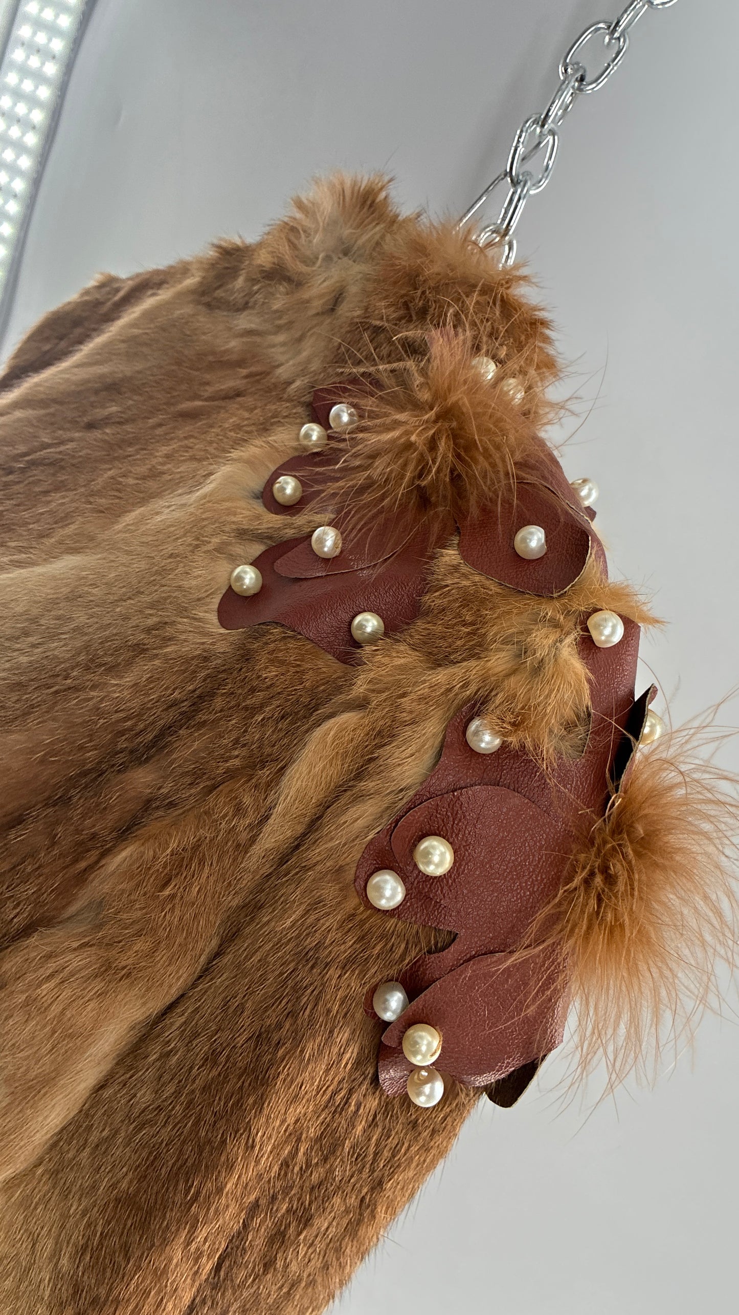 Vintage OPERA Montreal New York Genuine Fur Coat with Pearl Embellished Leather Flower Appliqués (Medium)