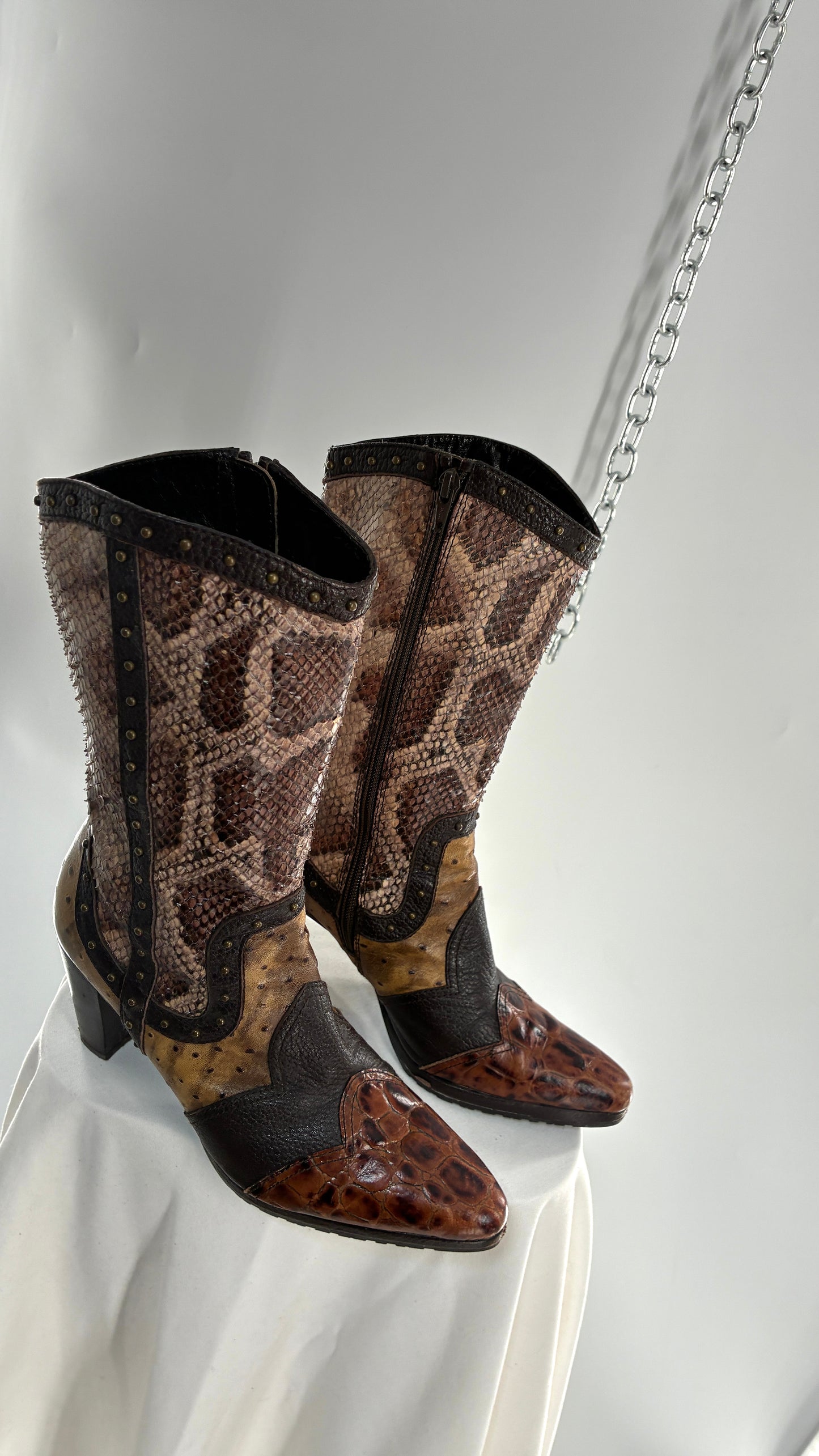 Vintage STUART WEITZMAN Stampede Boots Ft Snake, Crocodile and Ostrich Embossed Leather (8.5)