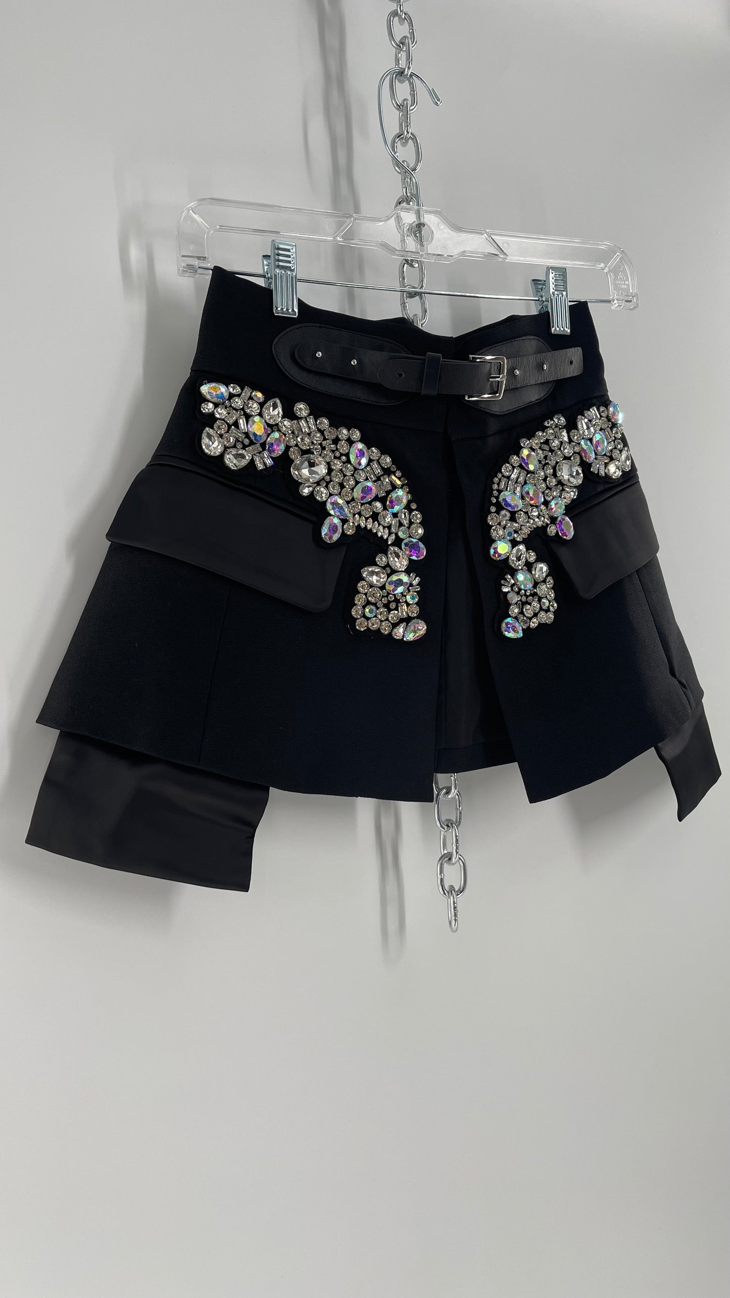 Black Skirt Belt Covered in Crystal Embellishments with Satin Flap Pockets (Medium)