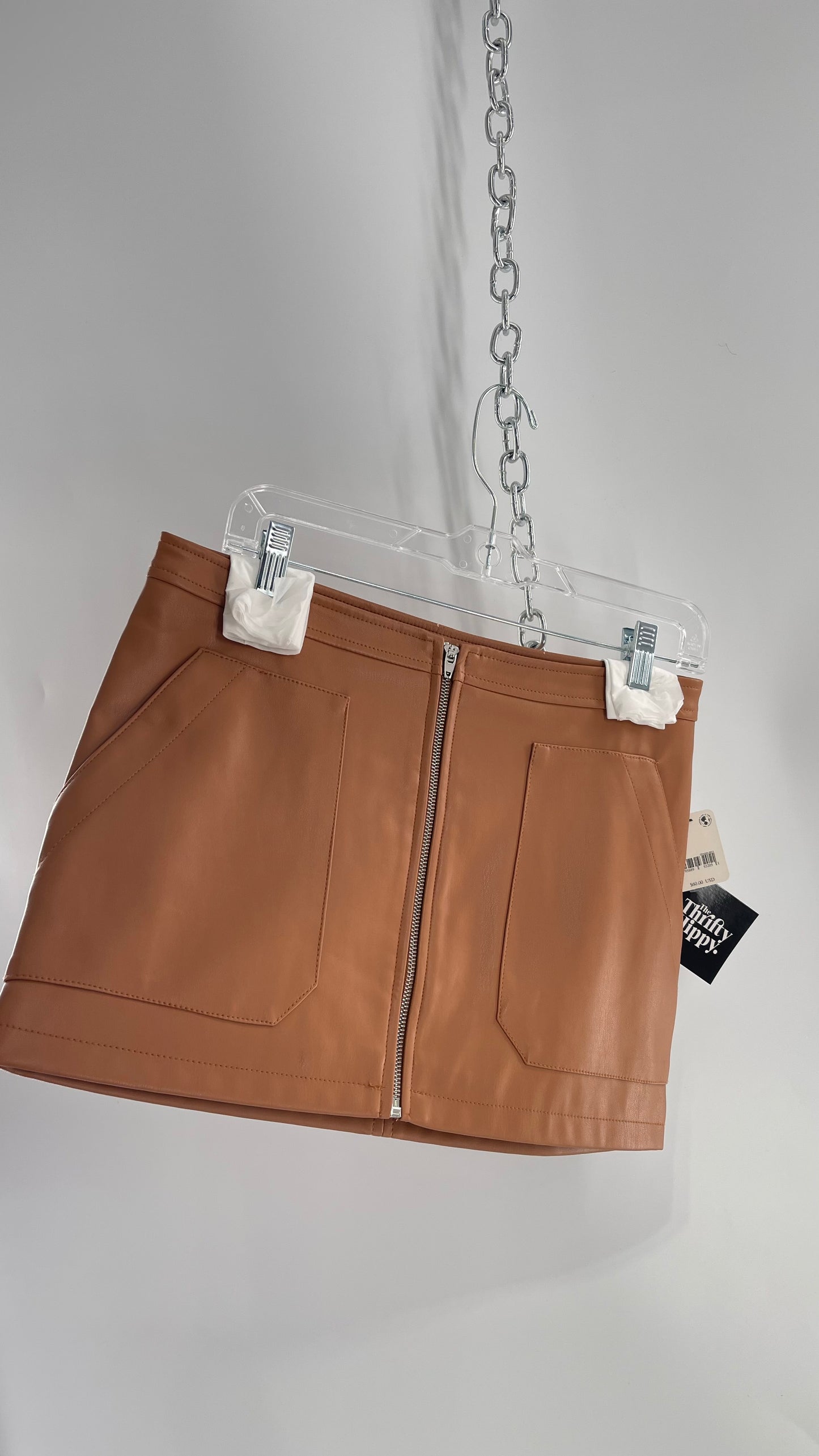 Free People Cognac Brown Vegan Leather Zip Front Skirt with Tags Attached (6)