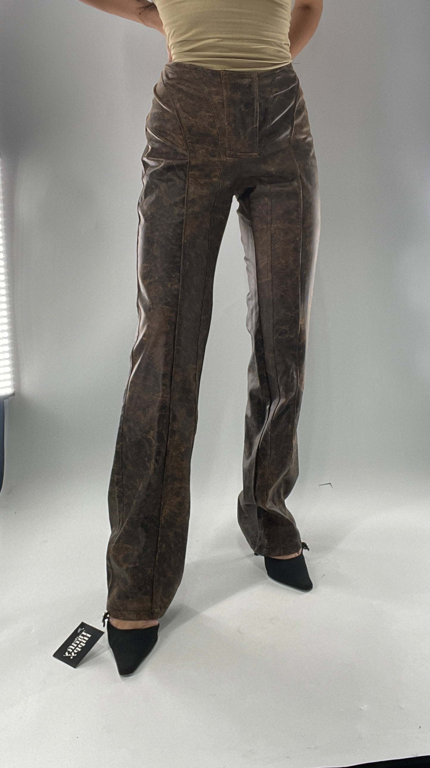 Vegan Brown Leather Kick Flares with Panel Details (Large)