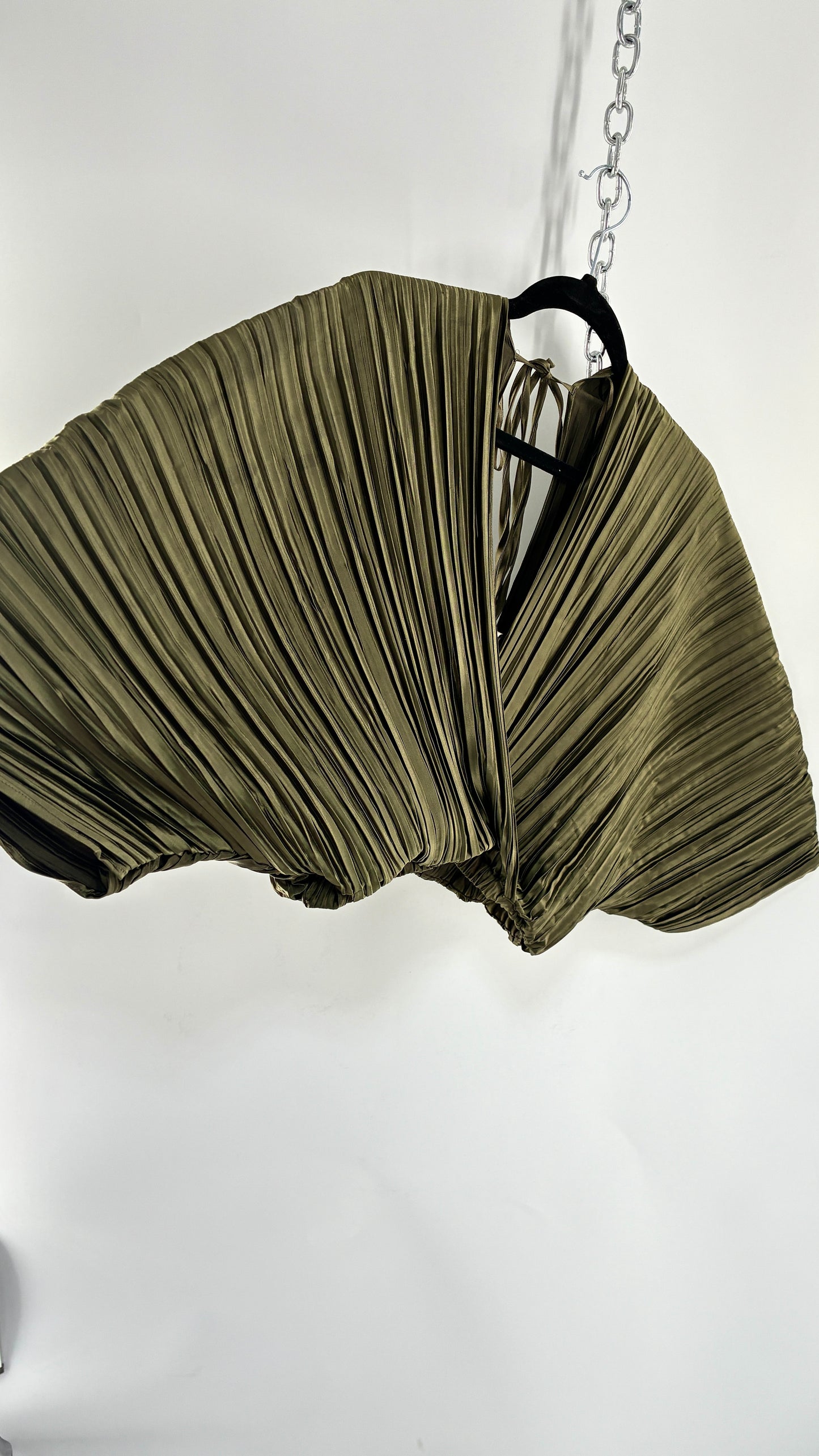 ZARA Olive Green Pleated Fanned Sleeve Top (Small)