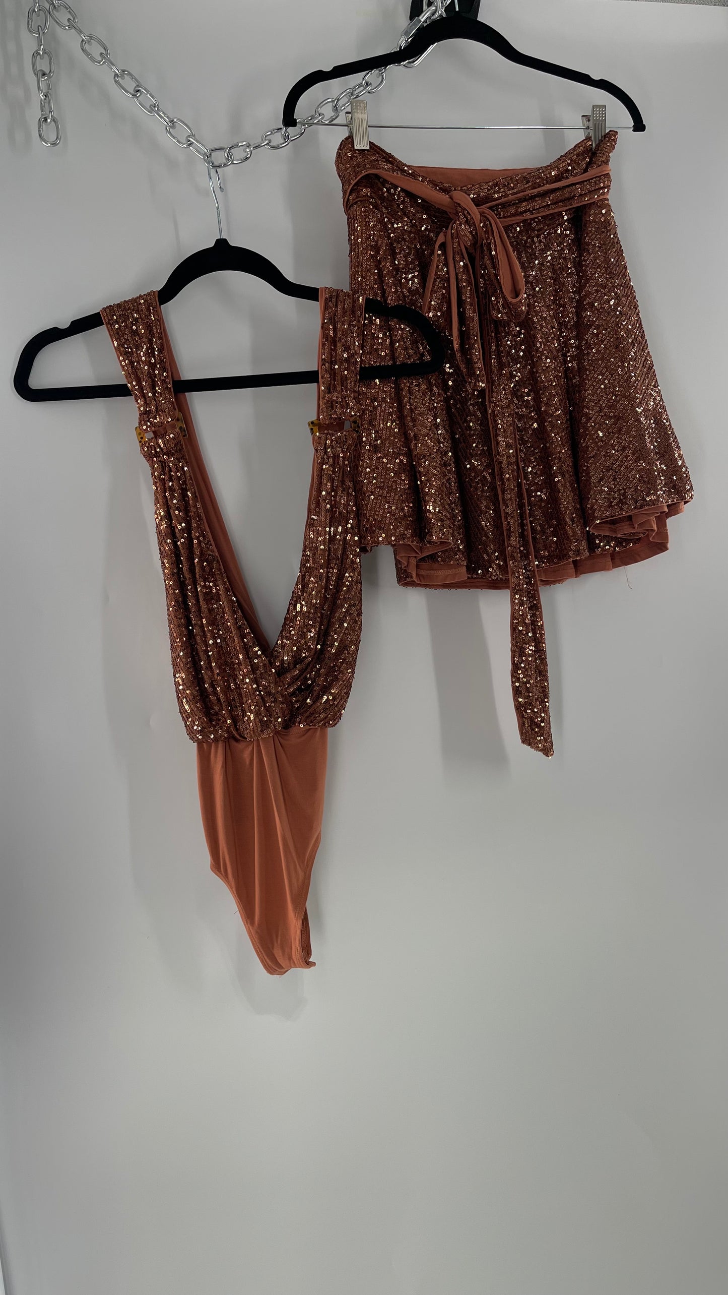 Free People Bronze Sequin 2Piece Set with Wrap Around Skirt and Bodysuit