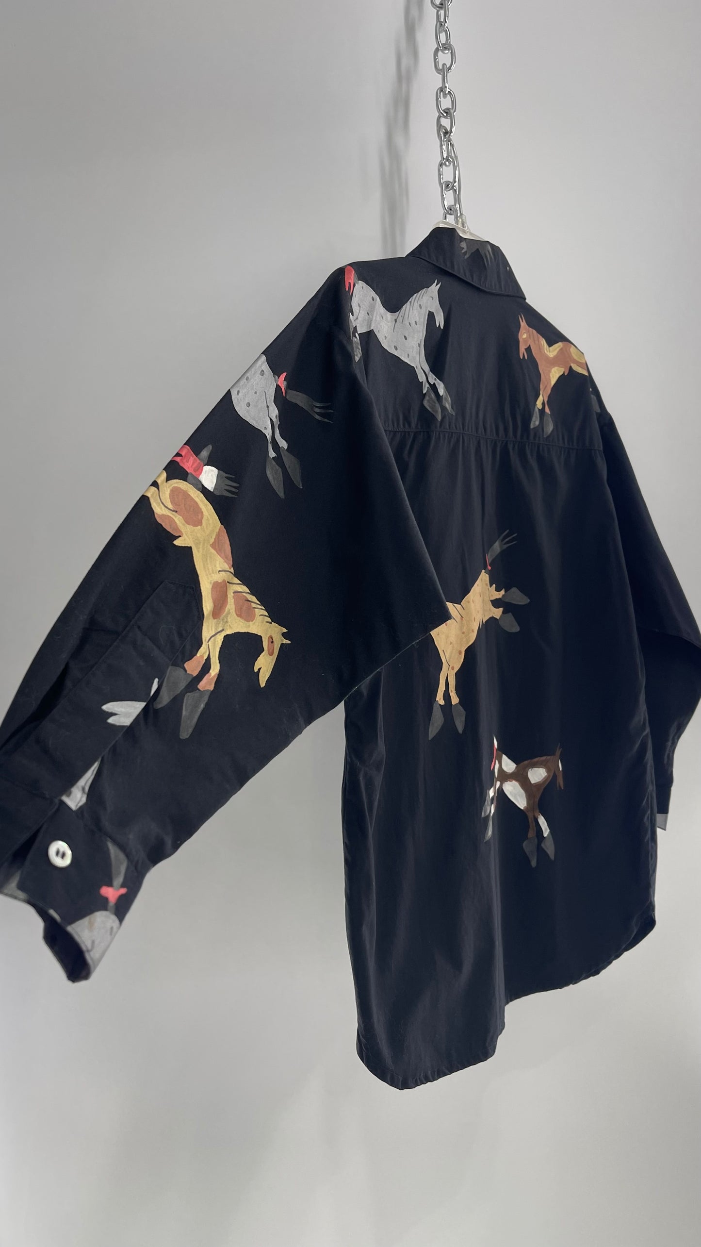 WHERE ITAT Black Button Up with Hand Painted Horses 100% Pima Cotton with Tags Attached (Small)