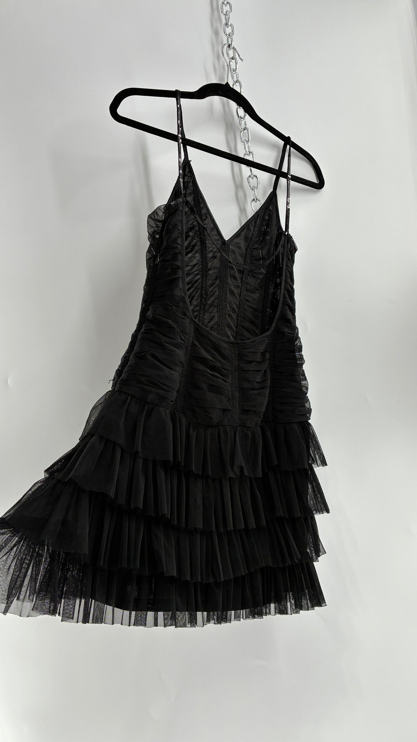 Vintage Black Ruffled Tulle Mini Dress with Low Open Back (8)