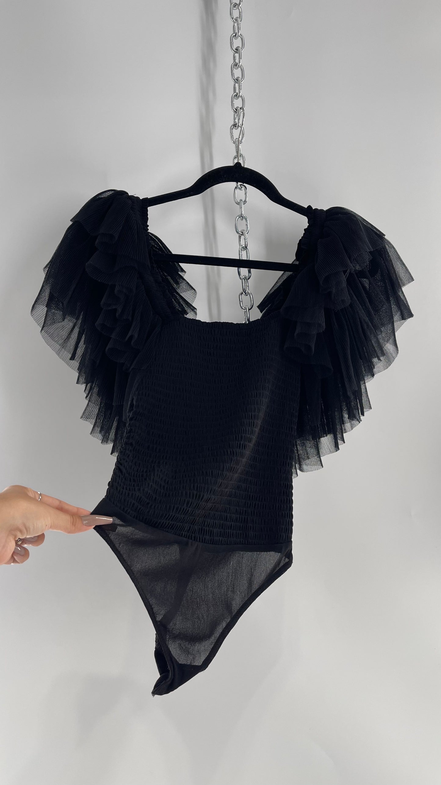 Free People Black Swan Tulle Sleeve Bodysuit (XS)