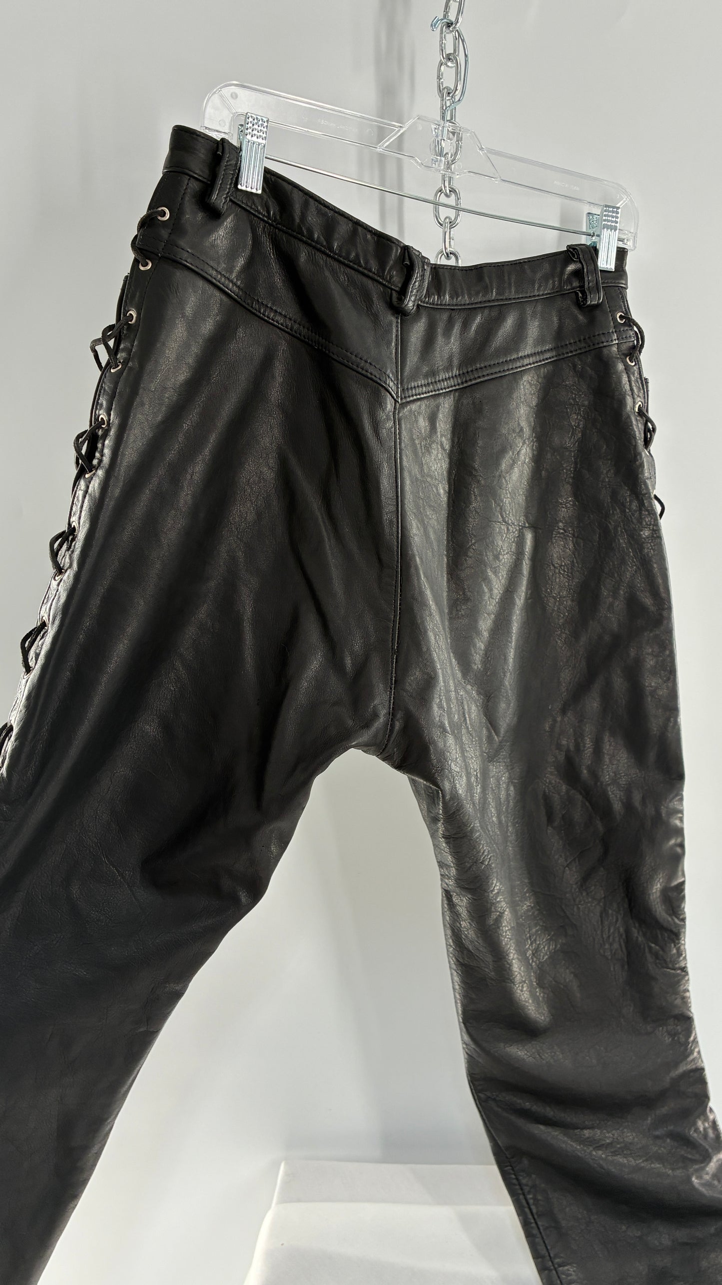 Vintage Thick Ultra Soft Black Leather Pants with Tie Up Sides (Medium)