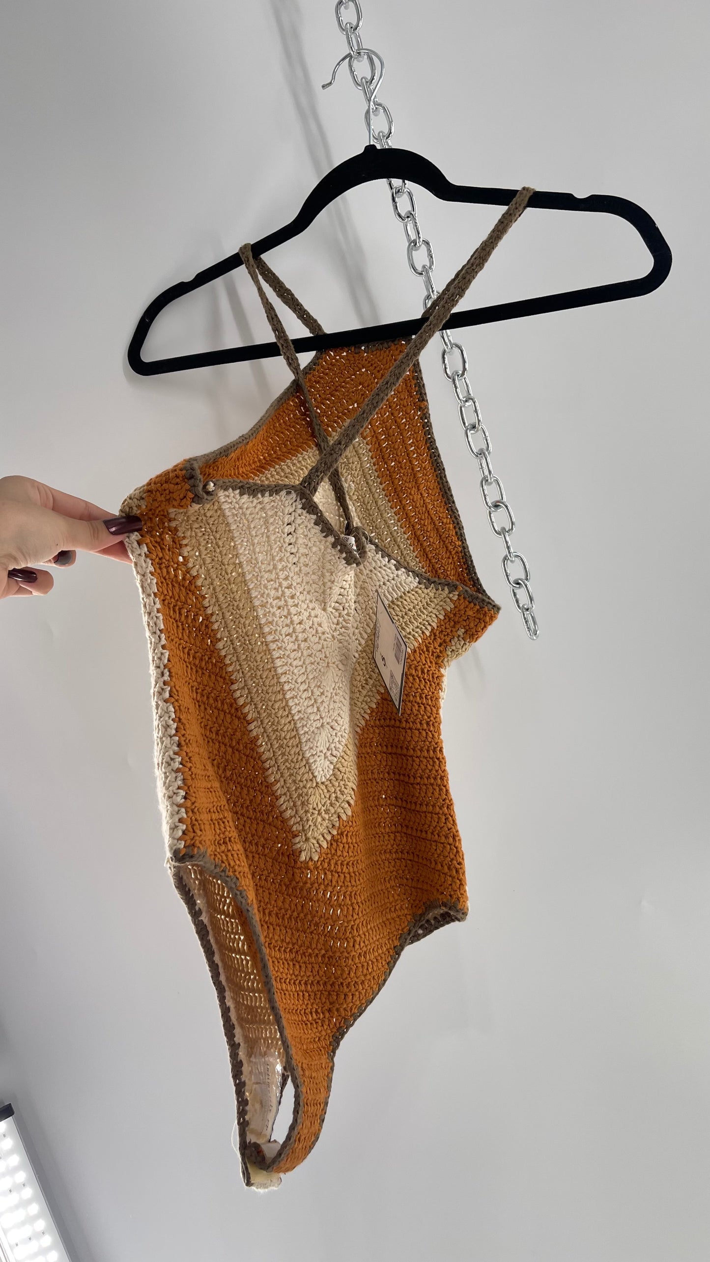 Intimately Free People Brown, Beige, Orange Crochet Knit Bodysuit (XS)