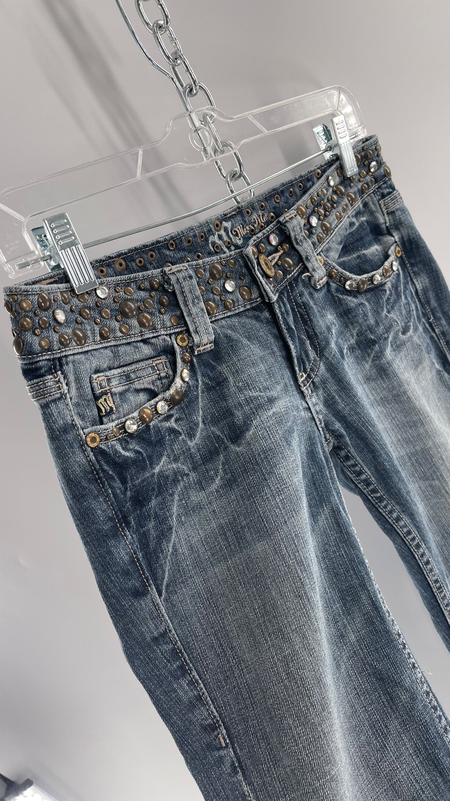 Vintage Miss Me Grainy Stone Wash Kick Flares with Studded Low Waist and Back Pockets (26)