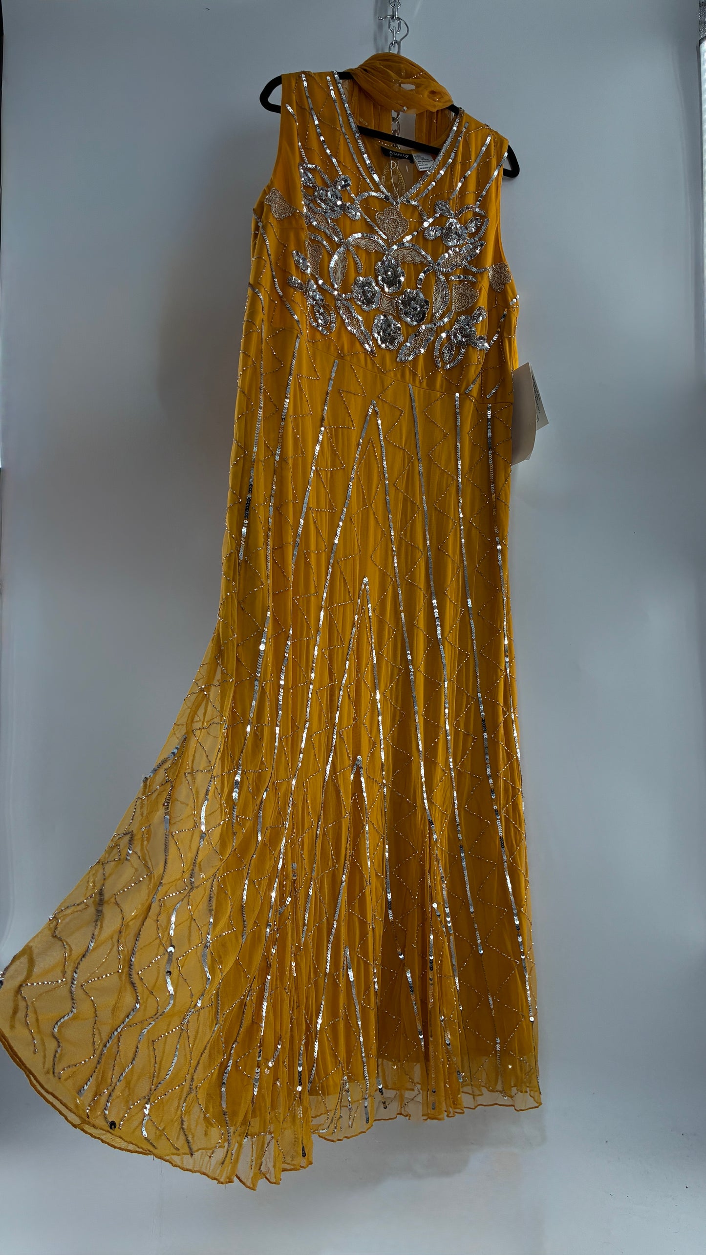 Deadstock Vintage ASHRO 1990s Mustard Yellow Dress with Sheer Back, Neck Scarf and Silver Beading (XXL)