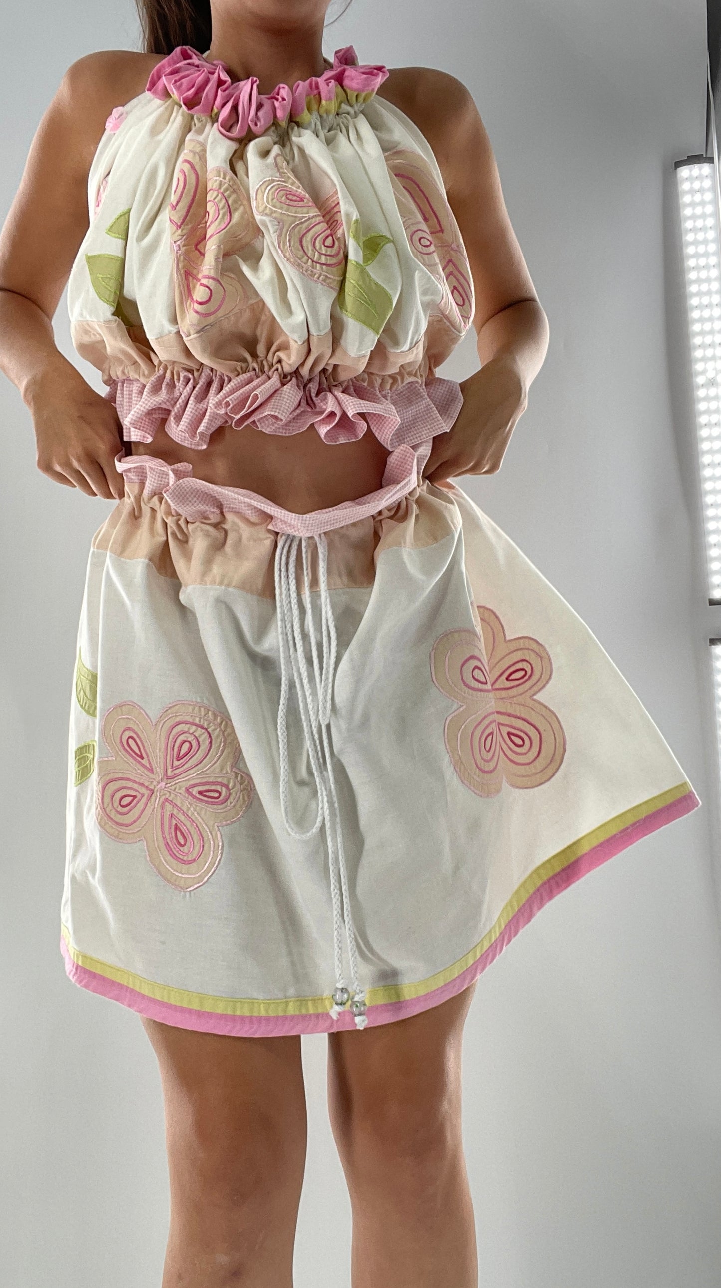 Vintage Flower Girl Set with Embroidered Floral Patches and Glass Bead Drawstrings (ONE SIZE)